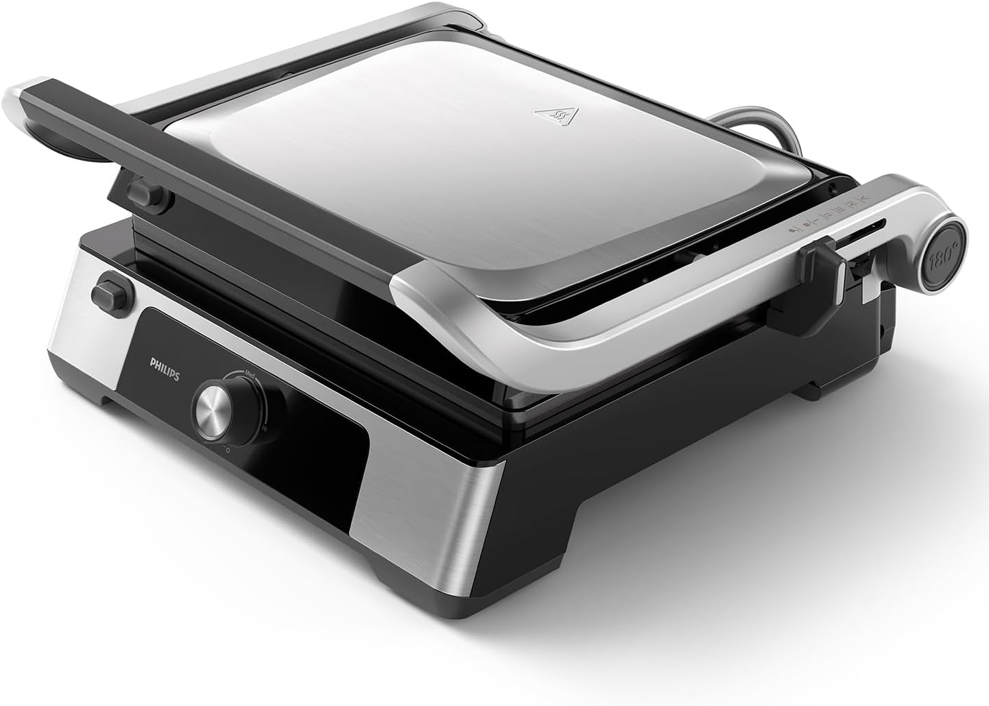 Philips Contact Grill - Adjustable Temperature 60°C - 200°C. 180° hinged. Large grill surface and high power performance. Removable non-stick plates and grease drip tray. (HD6301/90)