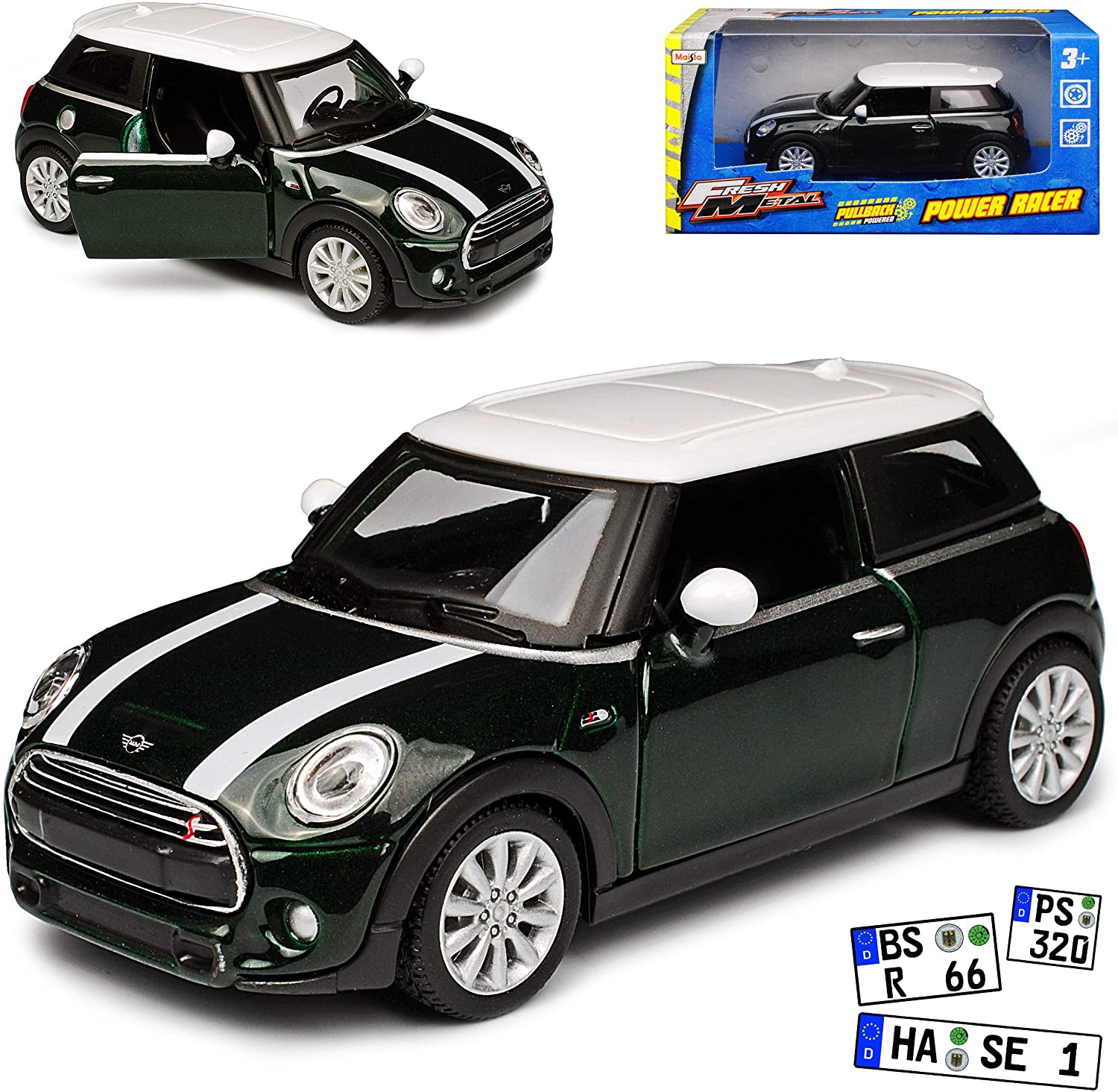 Maisto Mini Mini Cooper S F56 New Hatch 3-Door Dark Green Fast Black With White Stripes
