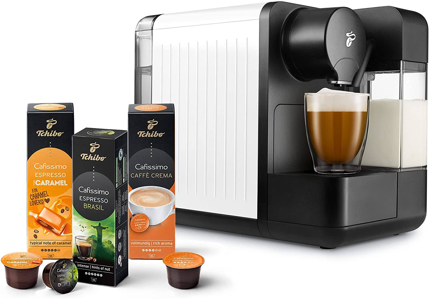 Tchibo Cafissimo Milk Coffee Machine with 30 Capsules for Caffè Crema, Espresso, Coffee and Milk Specialities, White