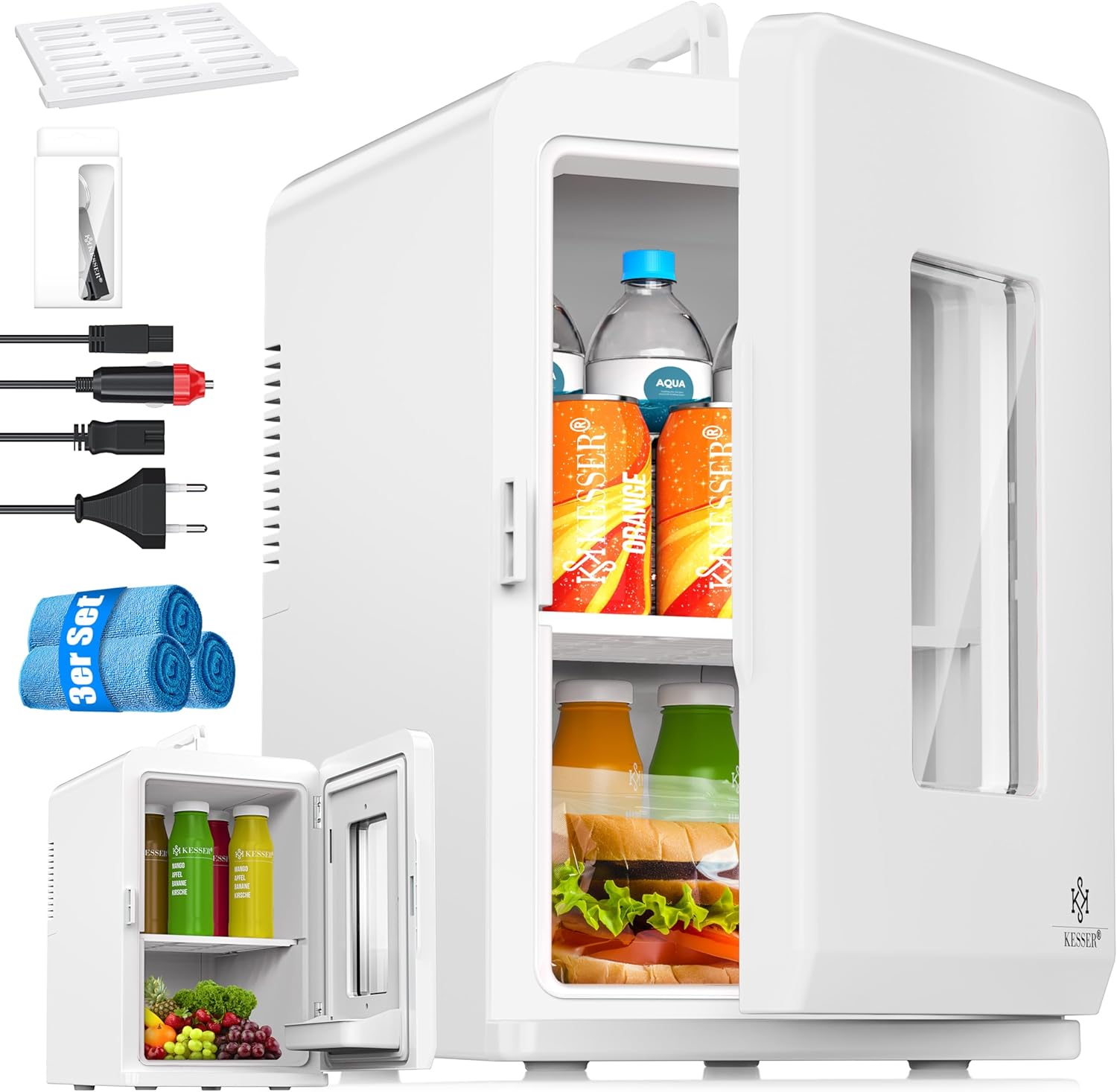 KESSER 2-in-1 Mini Fridge Cool Box 15 Liters Cooling and Heating Function Portable AC DC 220-240 V/12 V Socket and Cigarette Lighter Warming Box Thermal Box Car Offices Rooms Camping Garden White