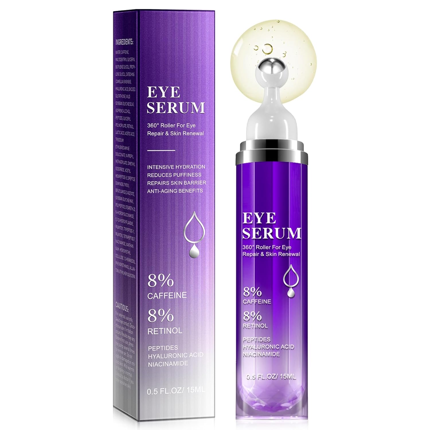 QUANHAO Eye Serum Against Dark Circles and Puffiness and Swelling with 8% Caffeine 8% Retinol Hyaluronic Acid Niacinamide, Eye Serum Against Wrinkles, Fine Lines and Swollen Eyes, 15 ml
