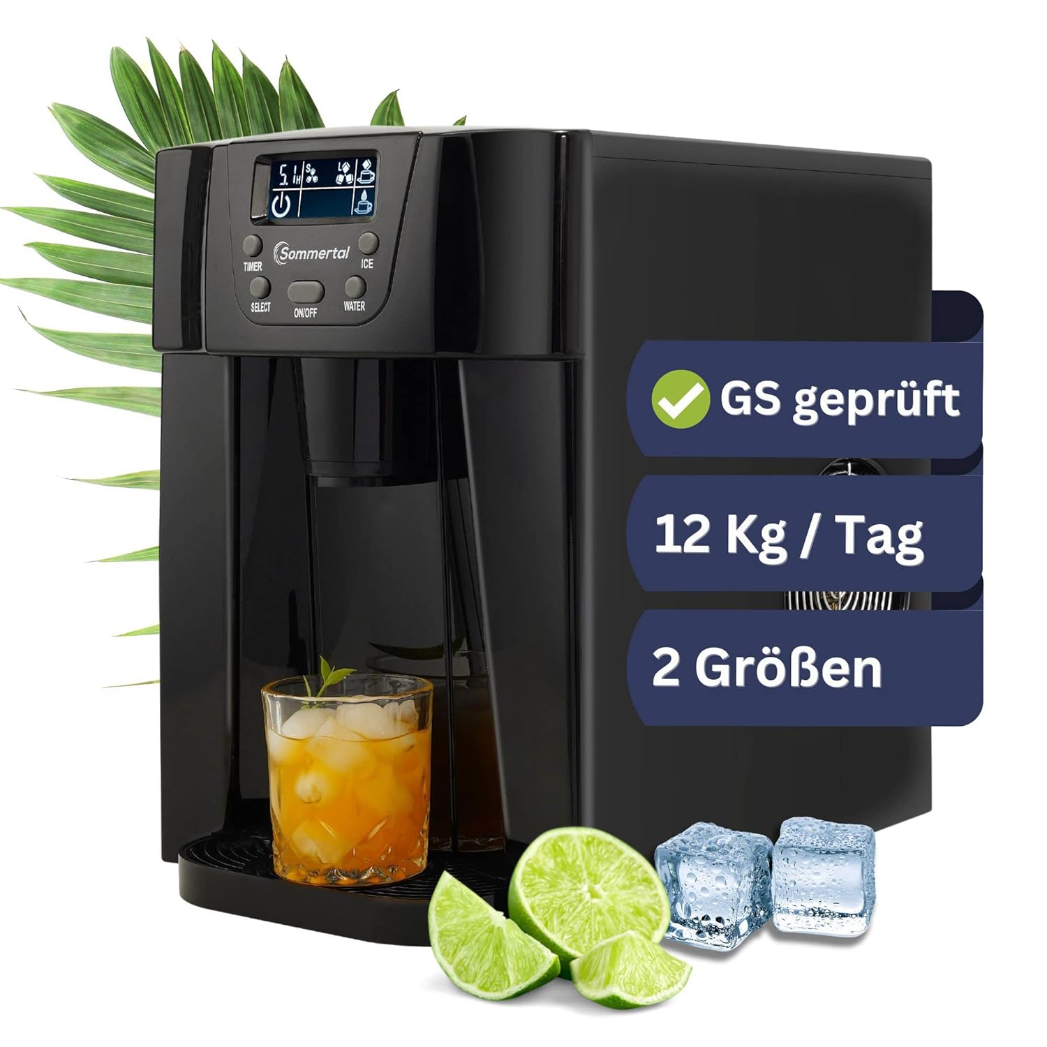 EM12E Ice Cube Machine with Cold Water Function - Ice Maker with Fast Ice Production from 6 Minutes, 12 kg per Day, 2 Cube Sizes, Timer, Automatic Shut-Off - Ice Cube Maker Small