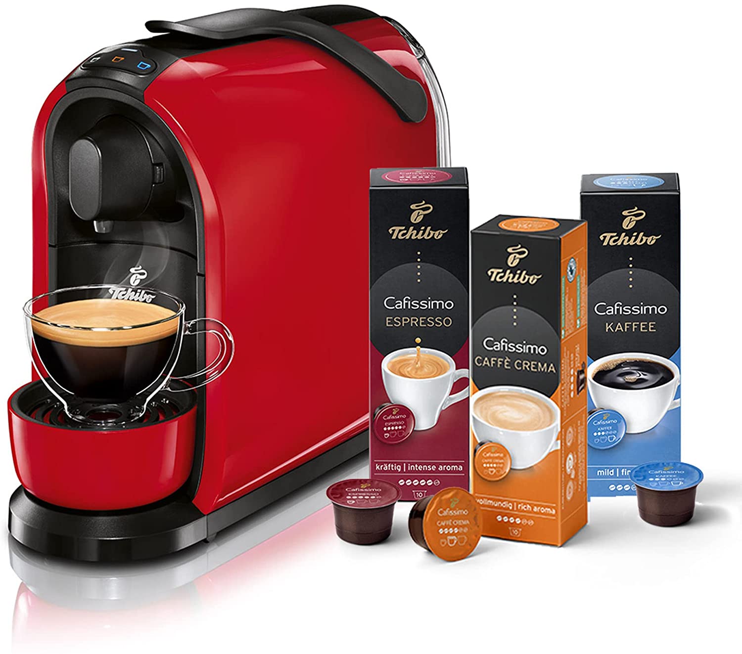 Tchibo Cafissimo Pure Coffee Machine for Coffee, Espresso, Caffè Crema and Tea, Includes 30 Capsules, red