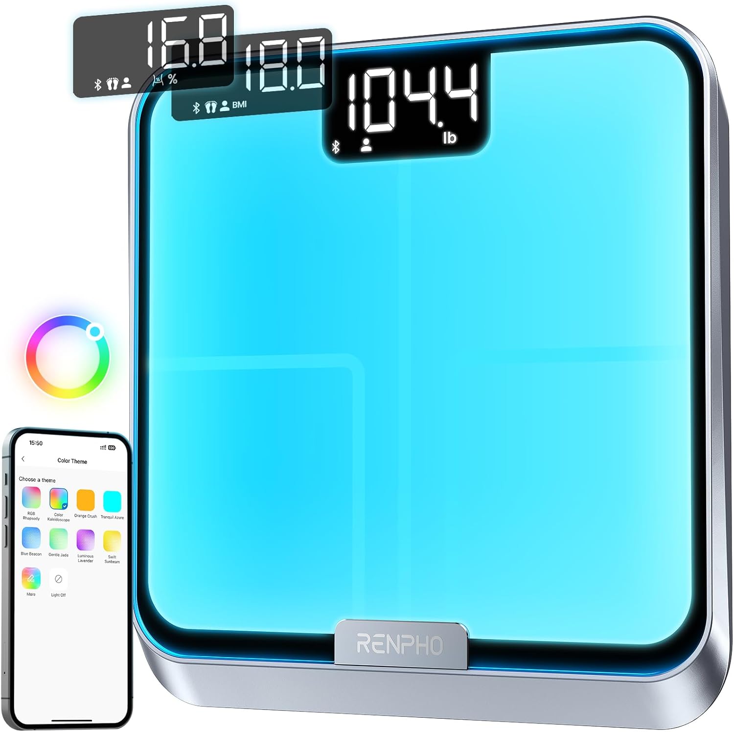 RENPHO Store RENPHO Personal Scale, Scale with Light Weigh-In Reminder, Smart Bluetooth Body Fat Scale with Customizable Scale Color, Rechargeable Scale, ITO Coating, 13 Health Monitors