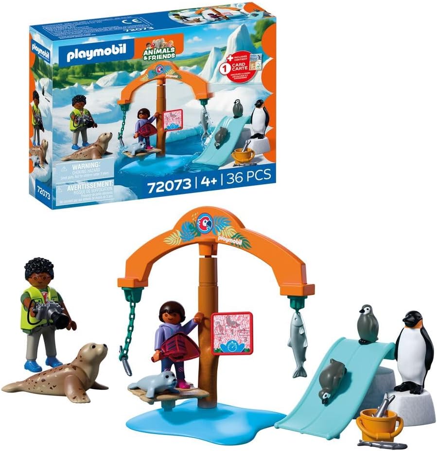 PLAYMOBIL Animals & Friends Zoo Ice Cream Expedition, Penguins and Seals with Food Carousel, Children\'s Toy from 4 Years, 72073