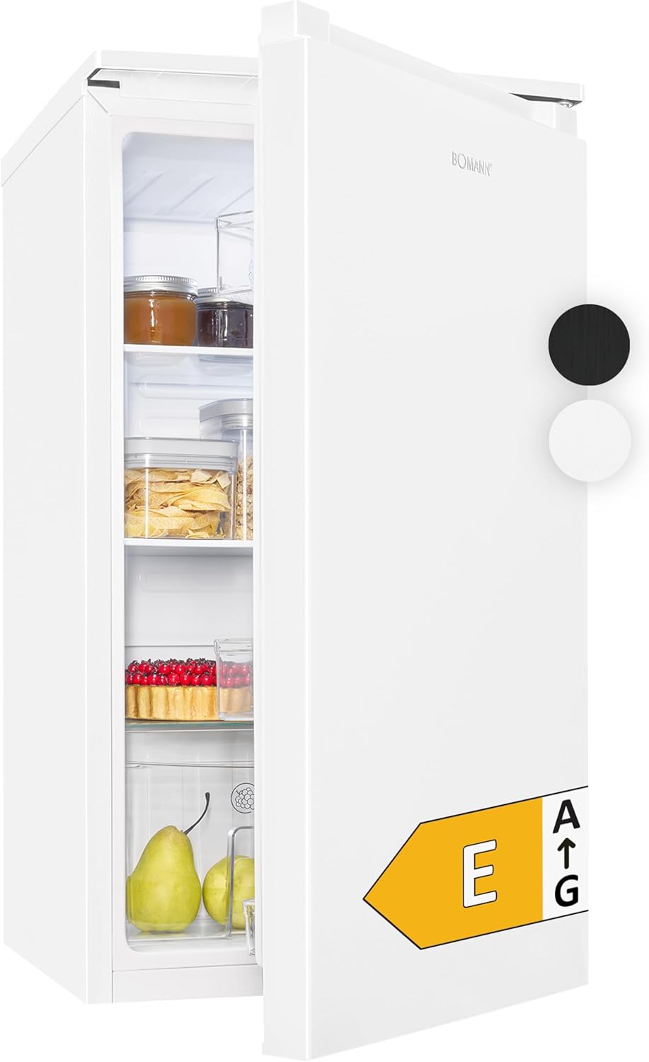 Bomann Fridge without Freezer, 87 L, Energy Efficient, Quiet and Compact, 0 °C - 8 °C, Infinitely Adjustable, 3 Shelves and Vegetable Compartment, Door Hinge Changeable, Standard Refrigerator, VS 7255