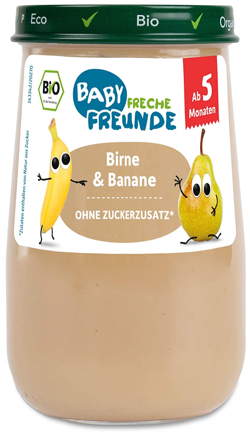 BABY FRECHE FREUNDE Bio Gläschen Birne & Banane, für Babys ab 5 Monaten, ohne Zucker- und Salzzusatz, vegan, 6er Pack (6x190g)