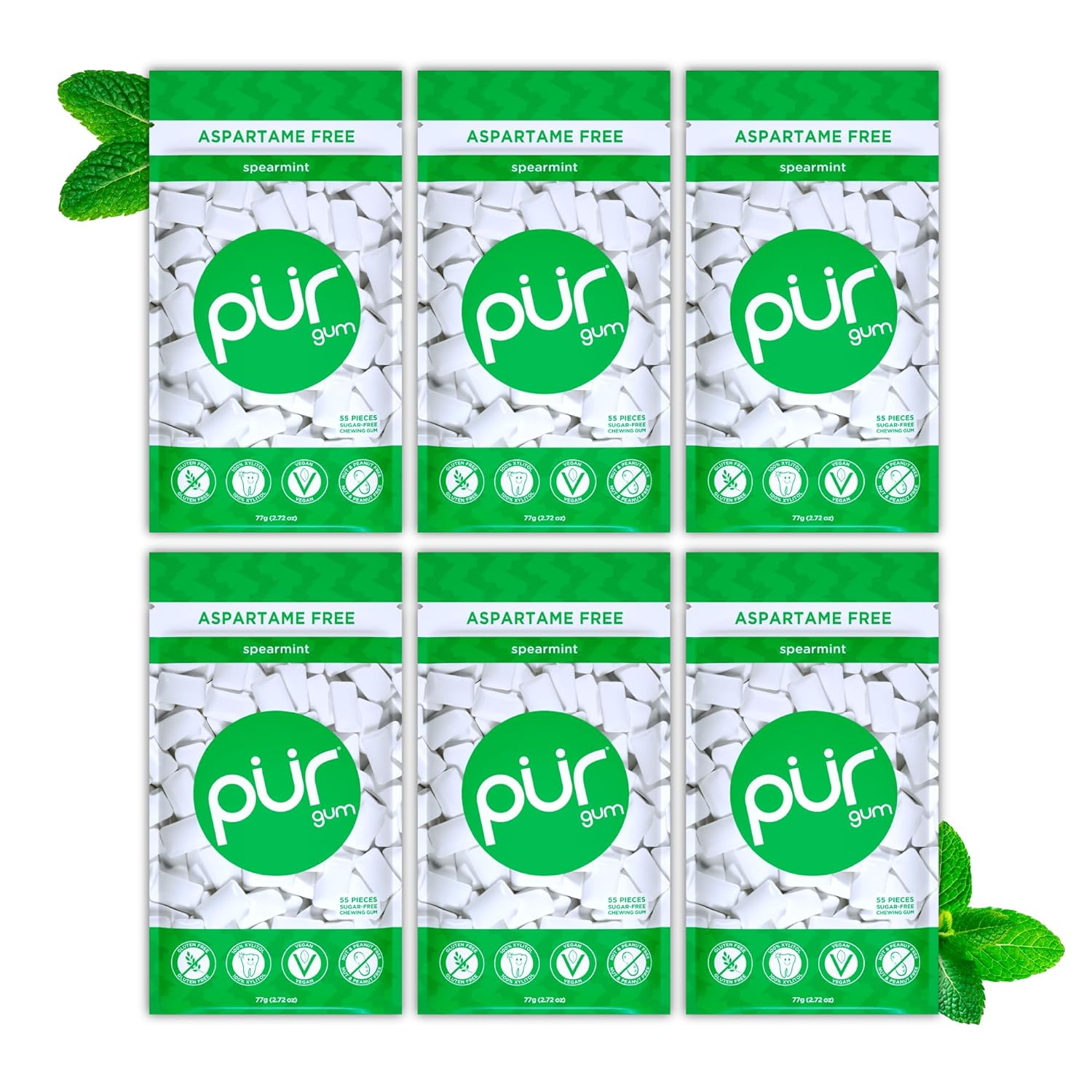PUR Gum Store PUR Gum | Sugar-Free Chewing Gum | 100% Xylitol | Vegan, Aspartame-Free, Gluten-Free & Diabetic-Friendly | Natural Chewing Gum with Spearmint Flavor, 55 Pieces (6 Pack)