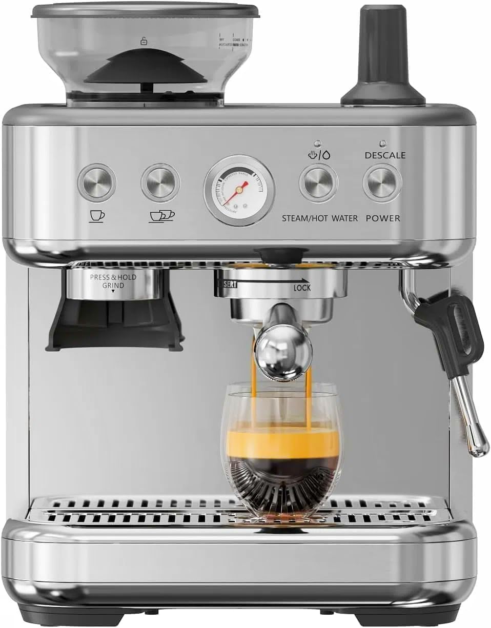 Espresso Machine with Grinder, Semi-Automatic Coffee Machine, 15 Bar, 1350 W Coffee Machine, Stainless Steel, Pid Temperature Control, Heating System, Coffee Machine with Removable Water Tank, 2.3 L
