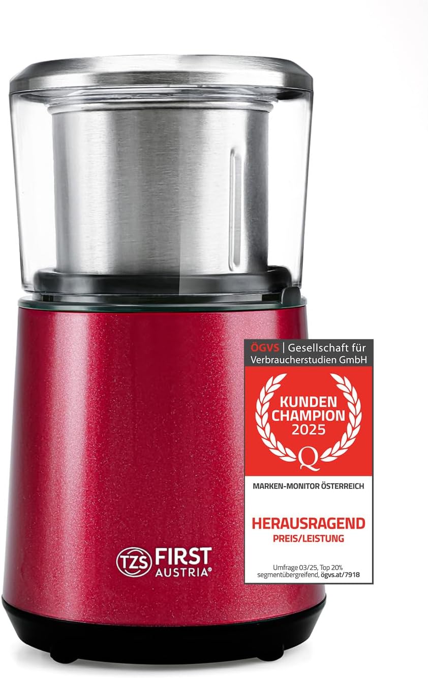 TZS First Austria Electric Coffee Grinder, 200 W, 27,000 rpm, 4 Stainless Steel Blades, Removable 50 g Stainless Steel Container, One-Handed Operation, Quiet, Compact, Easy to Clean, with Cable