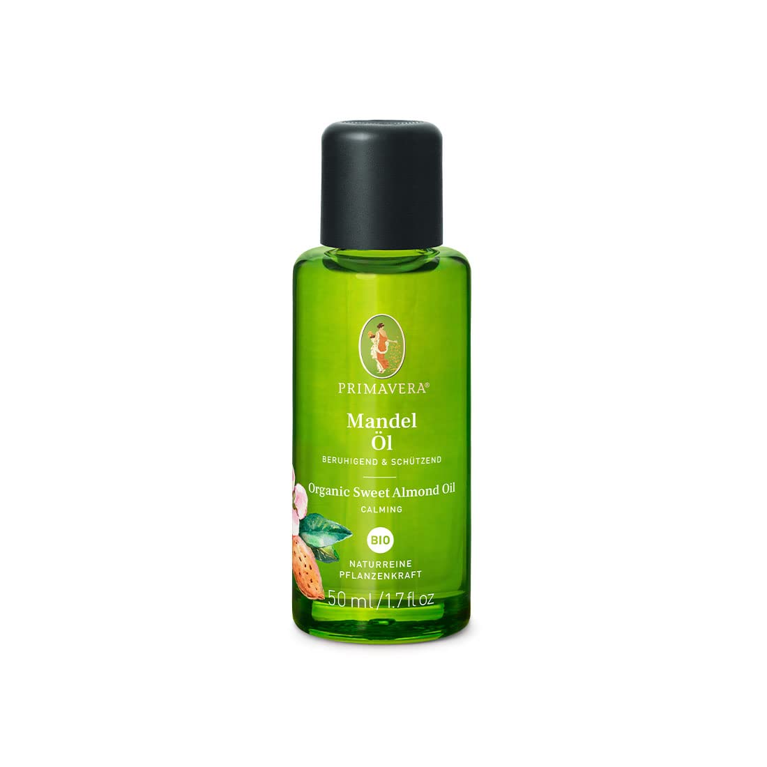 PRIMAVERA Organic Almond Oil 50 ml - Natural Plant Power - Glass Bottle - Aroma Oil, Body Oil, Natural Cosmetics - Well Tolerated, Protective, Relieves Skin Redness - Vegan