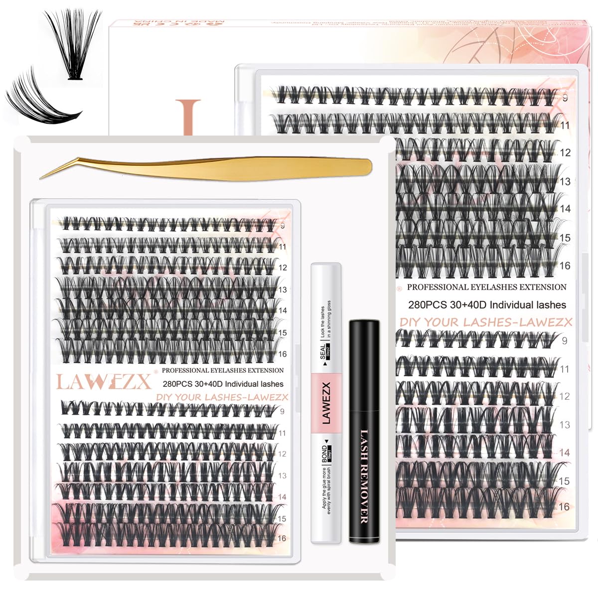 280 Pieces Eyelash Clusters, LAWEZX Eyelash Extensions Set, DIY Single Eyelash Kit with D-Curl Cluster Eyelashes, Eyelash Binding and Seal and Applicator Tool, Individual Lashes (Mix 9-16 mm, 30 + 40D