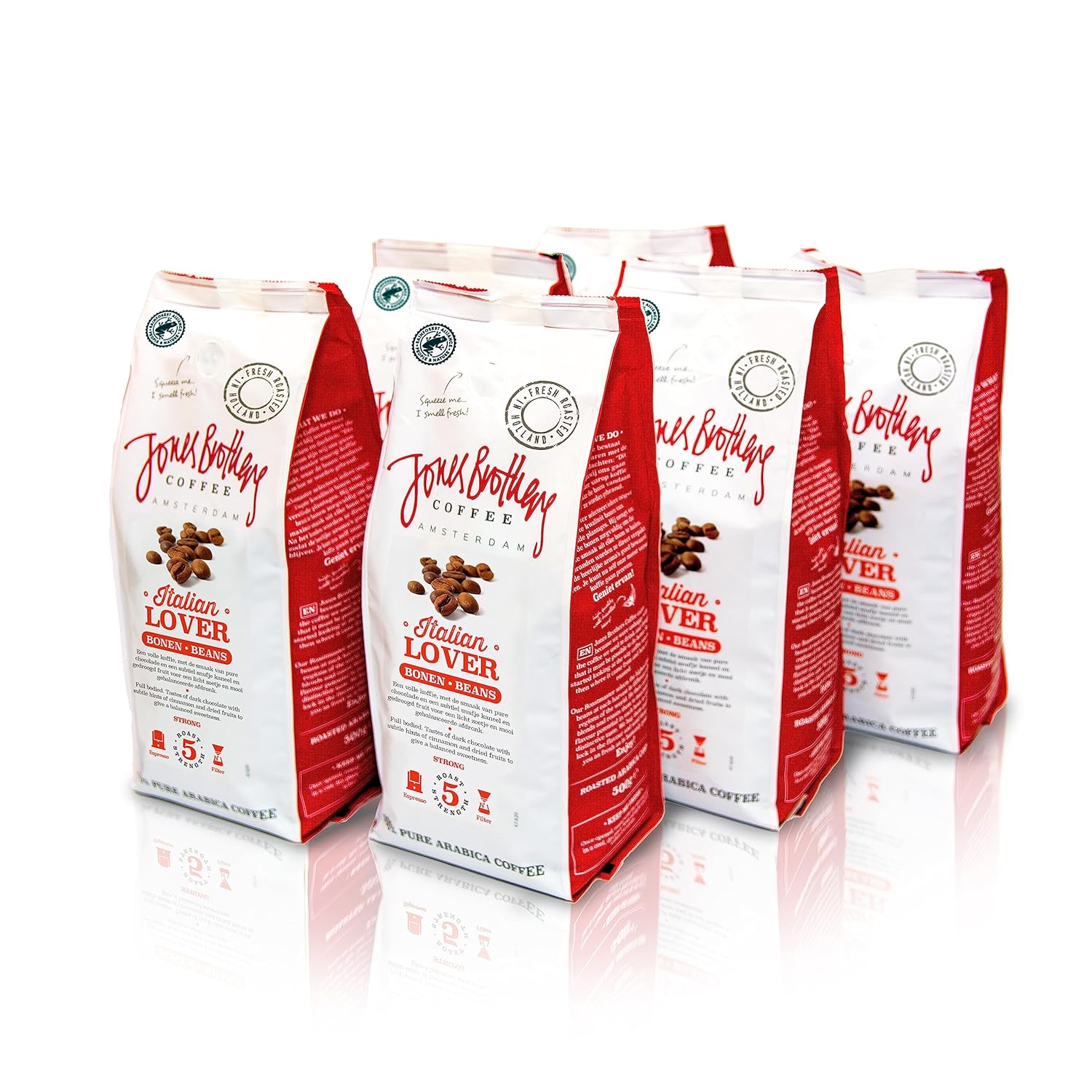 Jones Brothers Coffee Espresso coffee beans Italian Lover, 100% Arabica Dark Roast, strong 5/6 (Strong), Rainforest Alliance certified - 6 x 500g