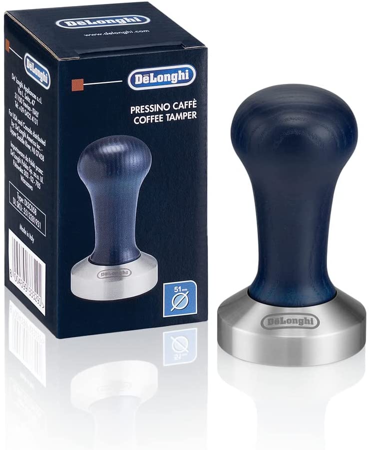 DeLonghi De\'Longhi DLSC058 Stainless Steel Coffee Tamper with Wooden Handle, Blue/Silver