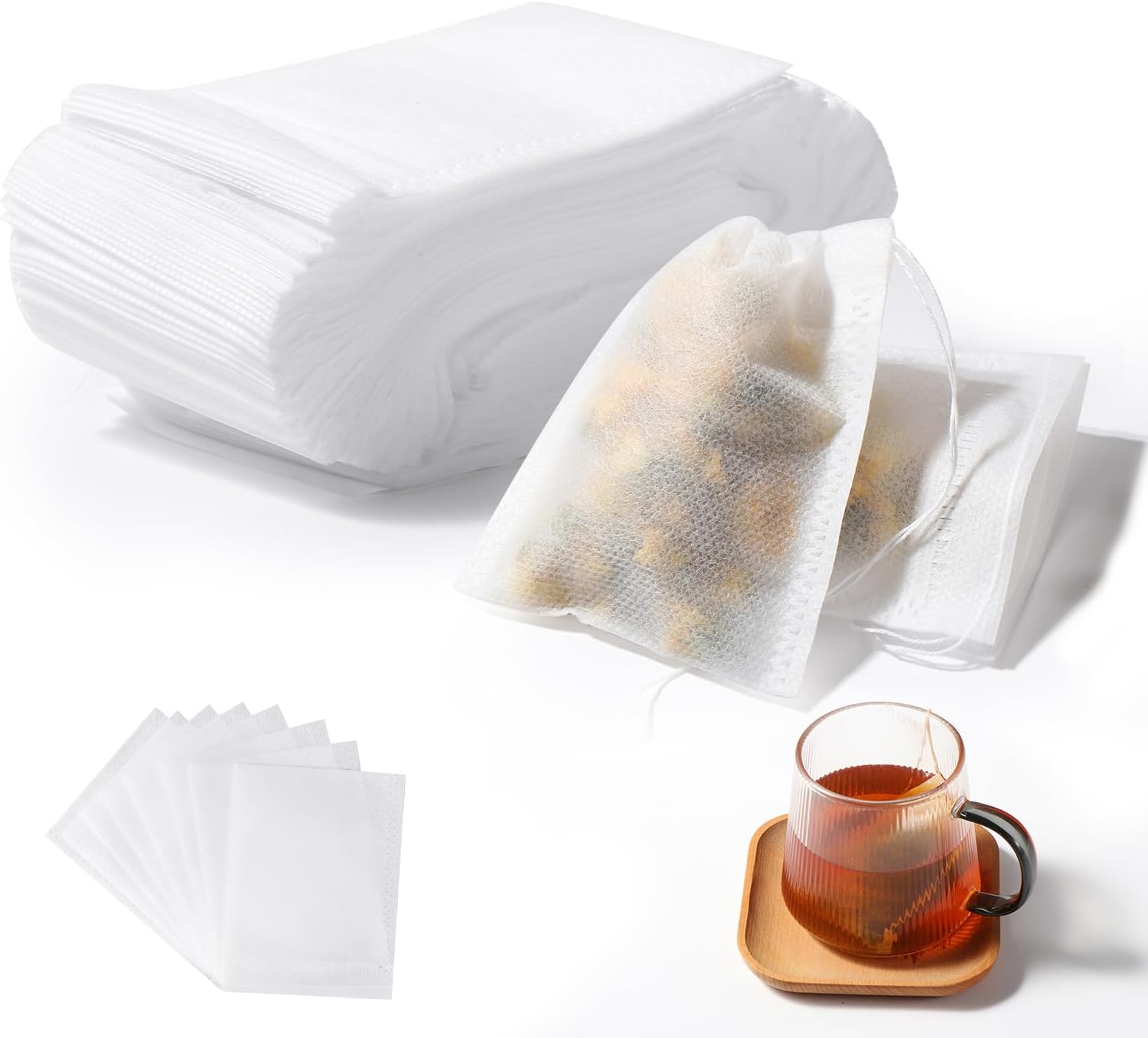Vinabo Pack of 400 Tea Filter Bags with Drawstring, 7 x 9 cm - For Loose Tea, Spices, Herbs, Coffee | Ideal for DIY Tea, Vanilla, Lavender & Scented Tea Blends | Disposable Filter Bags (White)