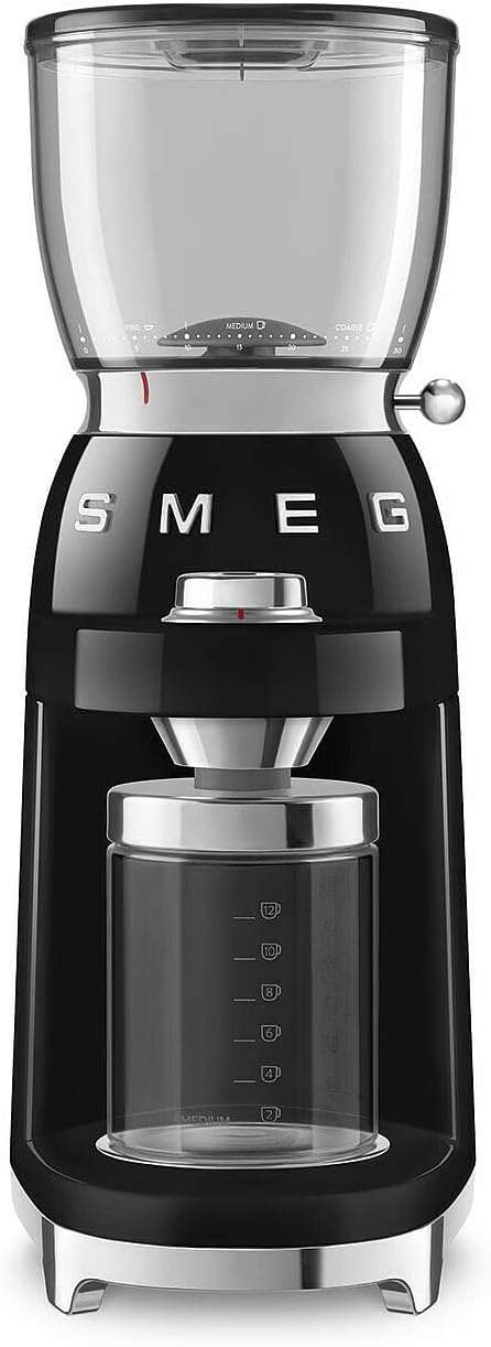 Smeg, Coffee Grinder CGF11BLEU, Conical Stainless Steel Grinder, 30 Grinding Settings, 350 g Coffee Bean Container, Premium Die-Cast Aluminium Housing, 150 W, Black