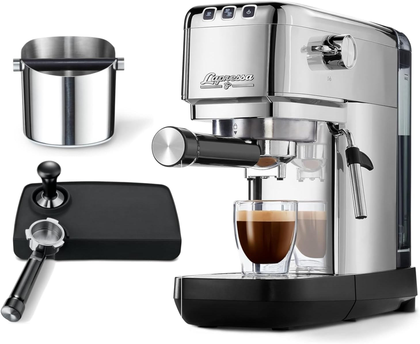 Tchibo “Lapressa Siebträger Profi Set” mit Tamper, Tampermatte, Abklopfbehälter, Doppelauslauf und Milchaufschäumdüse für Espresso und Milchschaum Barista Profiset, Edelstahl