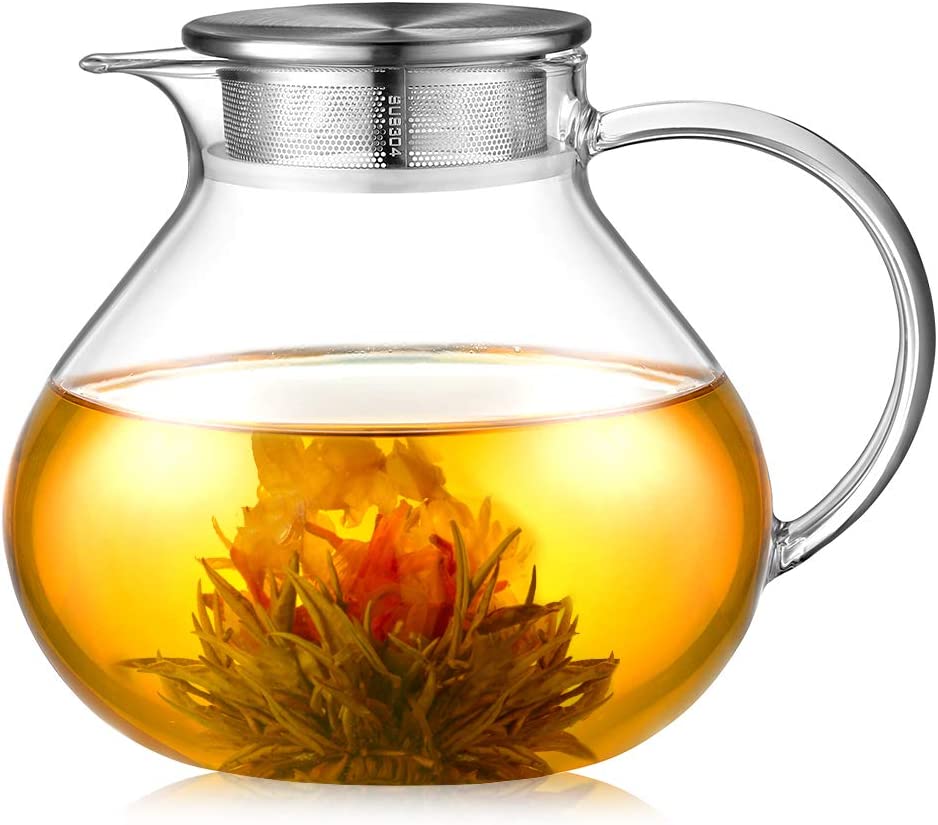 ecooe 1400 ml Simple Glass Teapot with 18/8 Silver Stainless Steel 2 in 1 Tea Strainer Lid Borosilicate Glass Tea Maker Suitable for Cold and Hot Drinks Open Fire Stove Tea Warmer