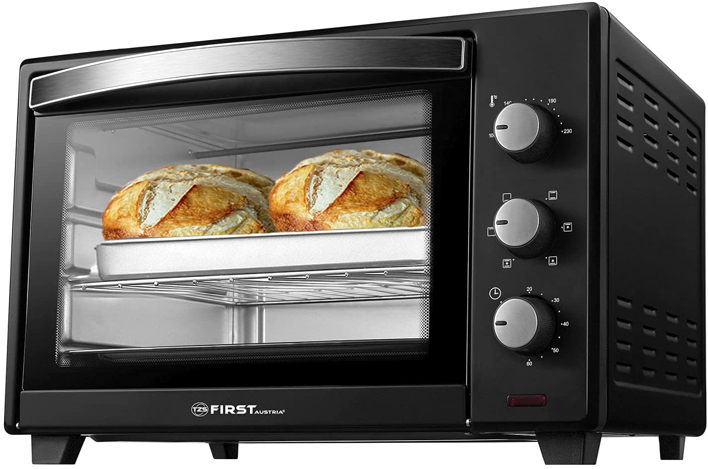 TZS First Austria 30 Litre, 1600W Mini Oven with Interior Lighting and Air Circulation, Removable Crumb Tray, Mini Pizza Oven with Double-Glazed Door and Timer, Oven / Mini Oven / Pizza Oven
