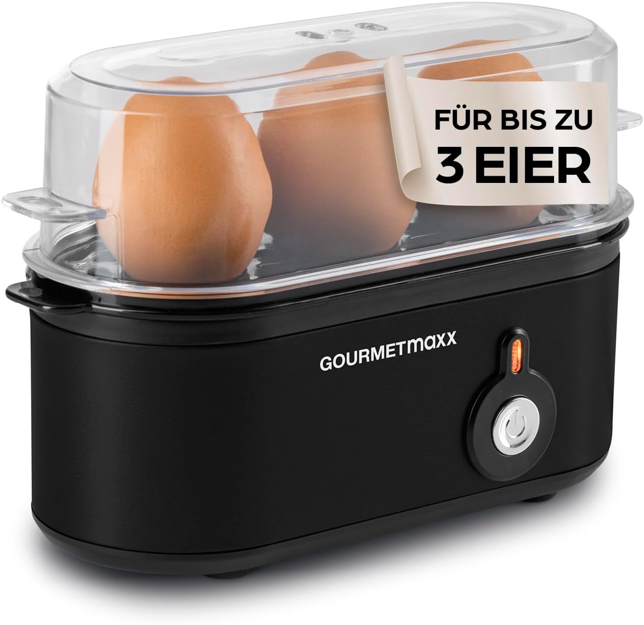 GOURMETmaxx Egg Cooker for 3 Eggs | Egg Boiler with Egg Cutter in Measuring Cup | Egg Cooker - 3 Hardness Levels for Your Egg Cup | Small Egg Cooker Design - Dishwasher Safe Parts