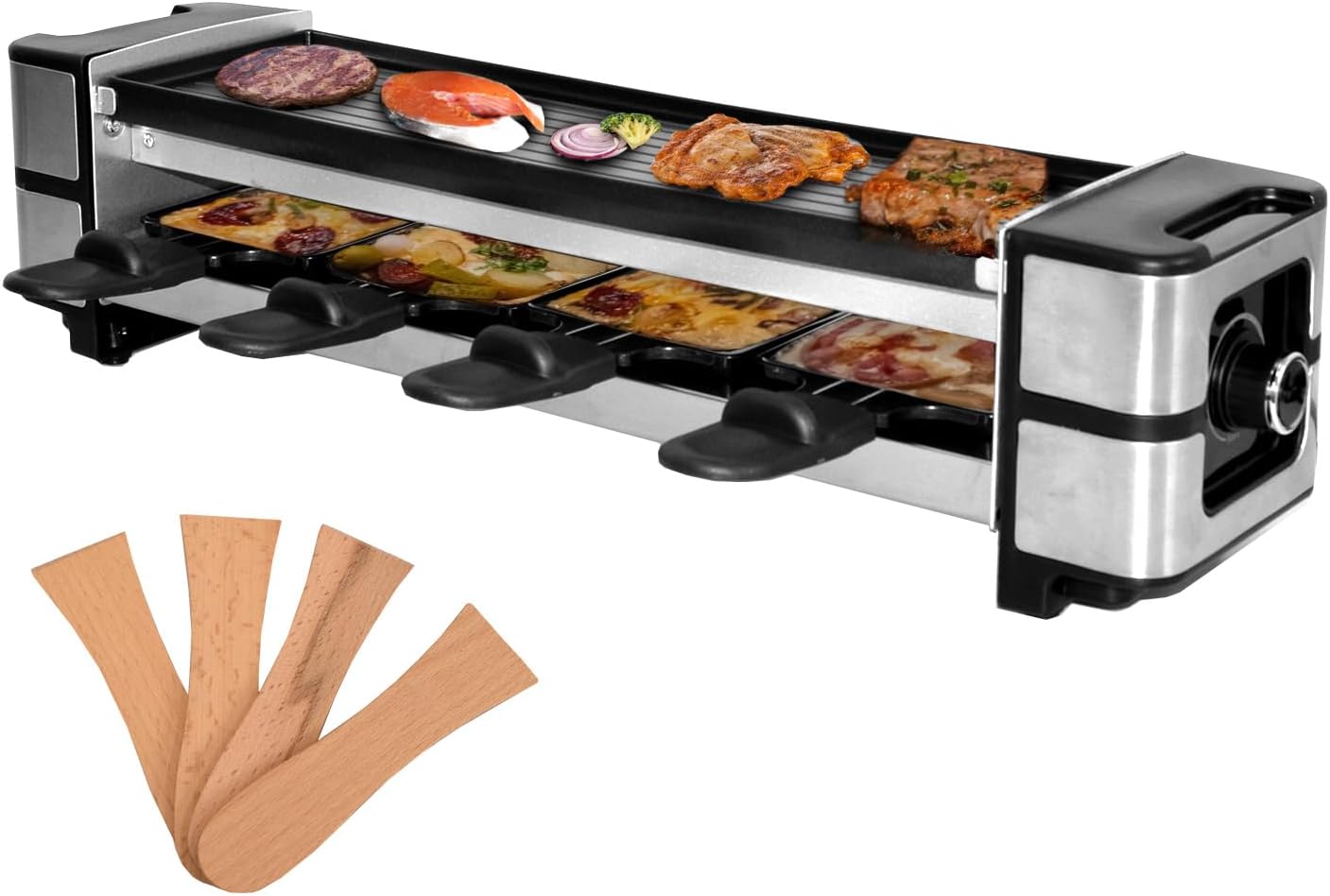 Syntrox Germany Ursli 4 Piece Raclette Grill, Table Grill, Pan for 4 People, Durable and Robust, Black Design, with Temperature Control, for Small Households