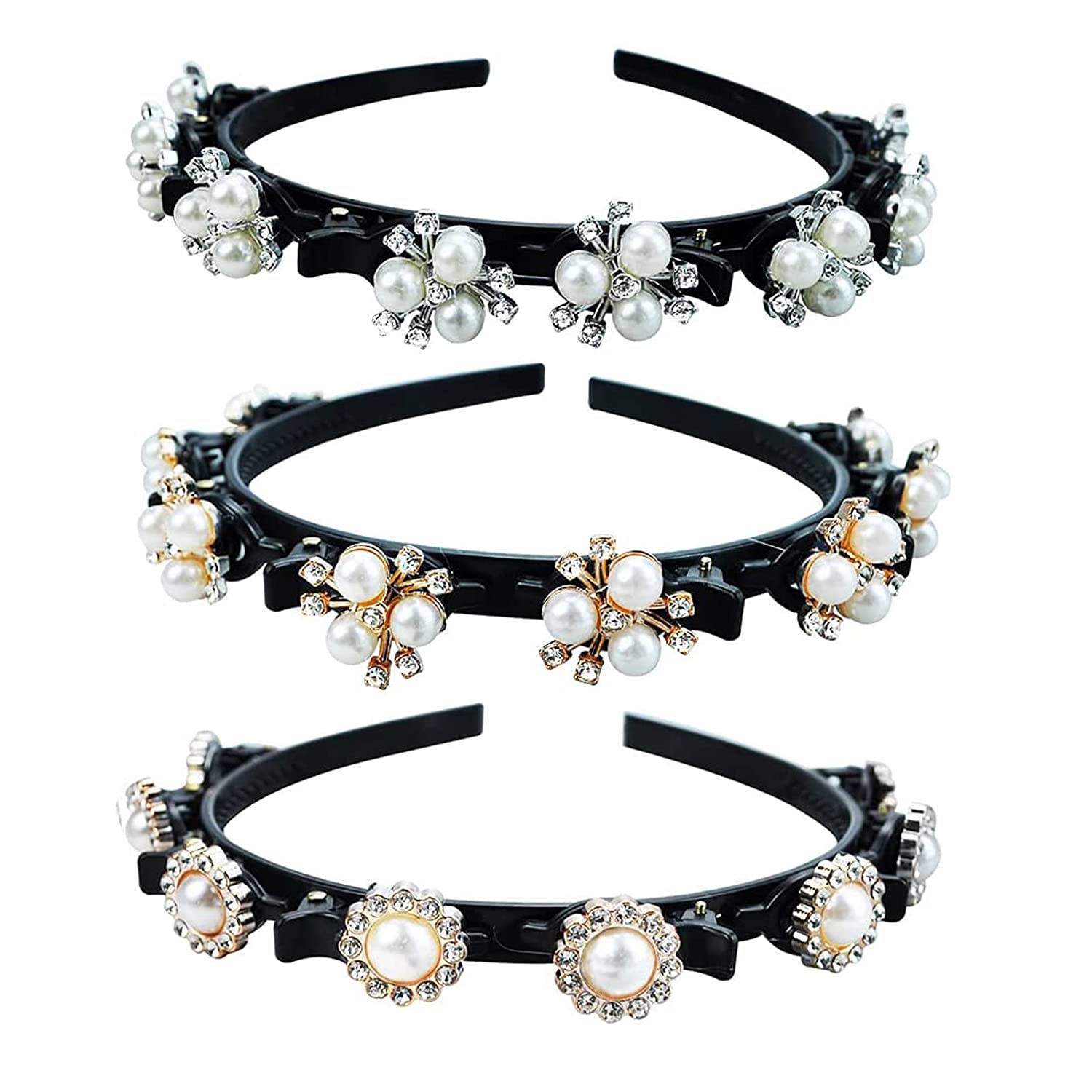 n/s Pack of 3 Pony Headbands, Headbands with Rhinestone Beads, 4.3 Inches / 11 cm, Double Layer Braided Hair Clips with Clips, Headbands with Rhinestone Beads, Handmade Headband for Women Girls, ‎black