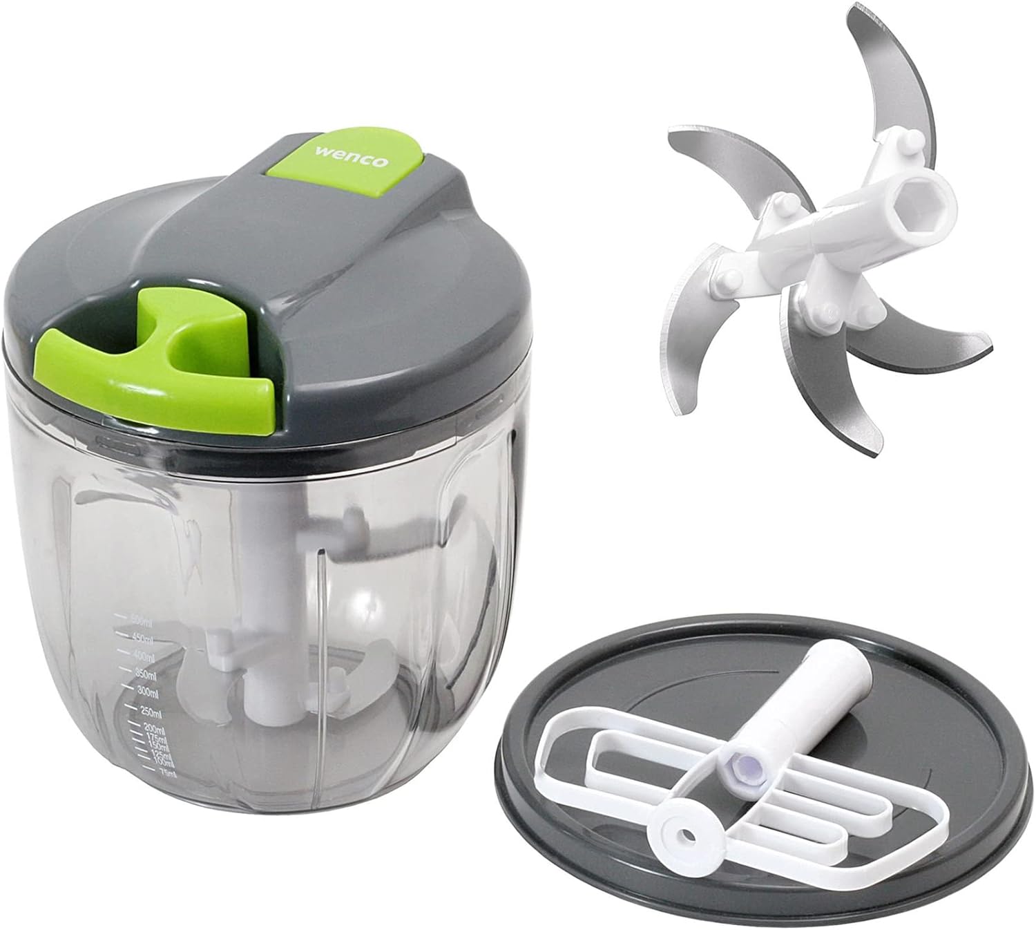 wenco Premium Chopper, 900 ml Capacity, Manual Vegetable Cutter with Pourer, 12.5 x 12.5 x 13.5 cm, Plastic/Stainless Steel, Grey Green Transparent