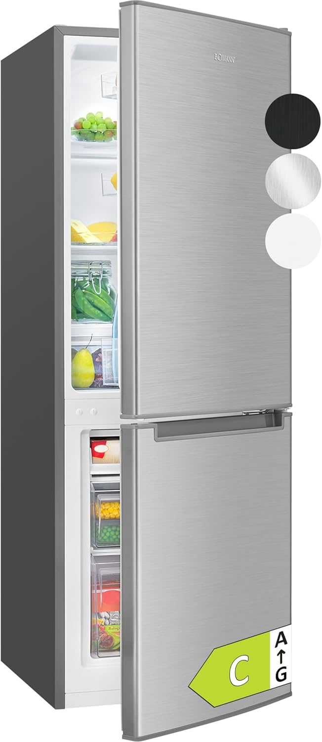 Bomann Fridge with Freezer | Energy Class C | 143 cm | Cool Freezer Combination Quiet 40 dB | 3 Shelves & 2 Drawers | Door Hinge Interchangeable | 173 L Fridge Freezer Combination | KG 7359 inox