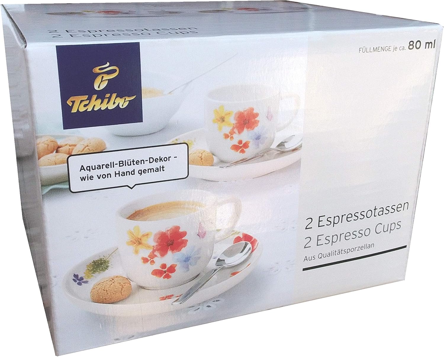 Tchibo 2 Espresso Cups with Saucers Watercolour Flowers Decor Espresso Cup Flowers