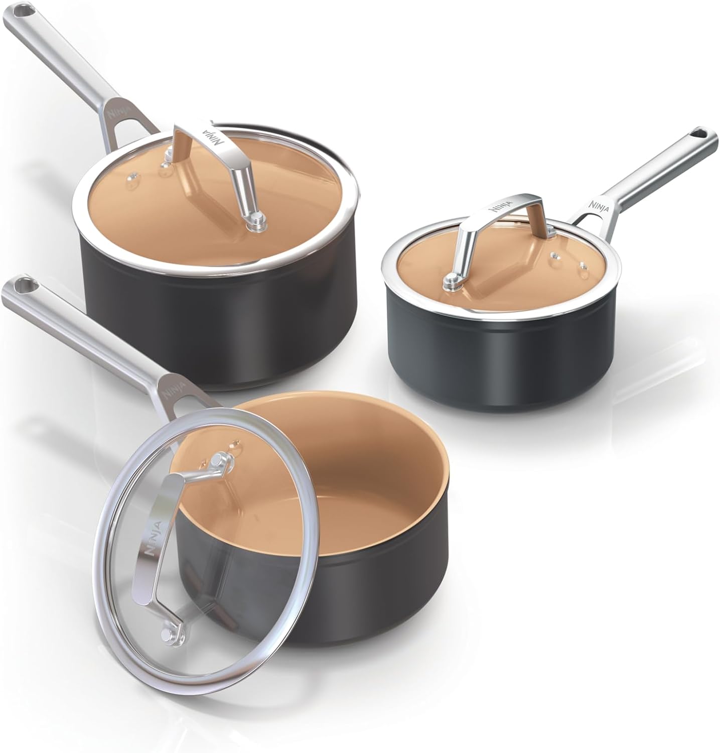 Ninja Extended Life CW93000UK Non-Stick Ceramic Saucepan Set (16, 18 and 20 cm Pots with Lids) (No PFAs, PFOA, Lead or Cadmium), Induction Compatible, Oven Safe up to 285°C, Terracotta