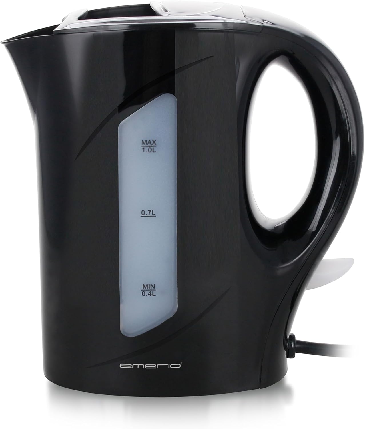 Emerio Kettle, 1.0 Liter, 900 Watt, Water Level Indicator, BPA-Free, Boil Dry Protection, Illuminated On/Off Switch, Ideal for Home, Camping or Office, WK-121616.1, Black