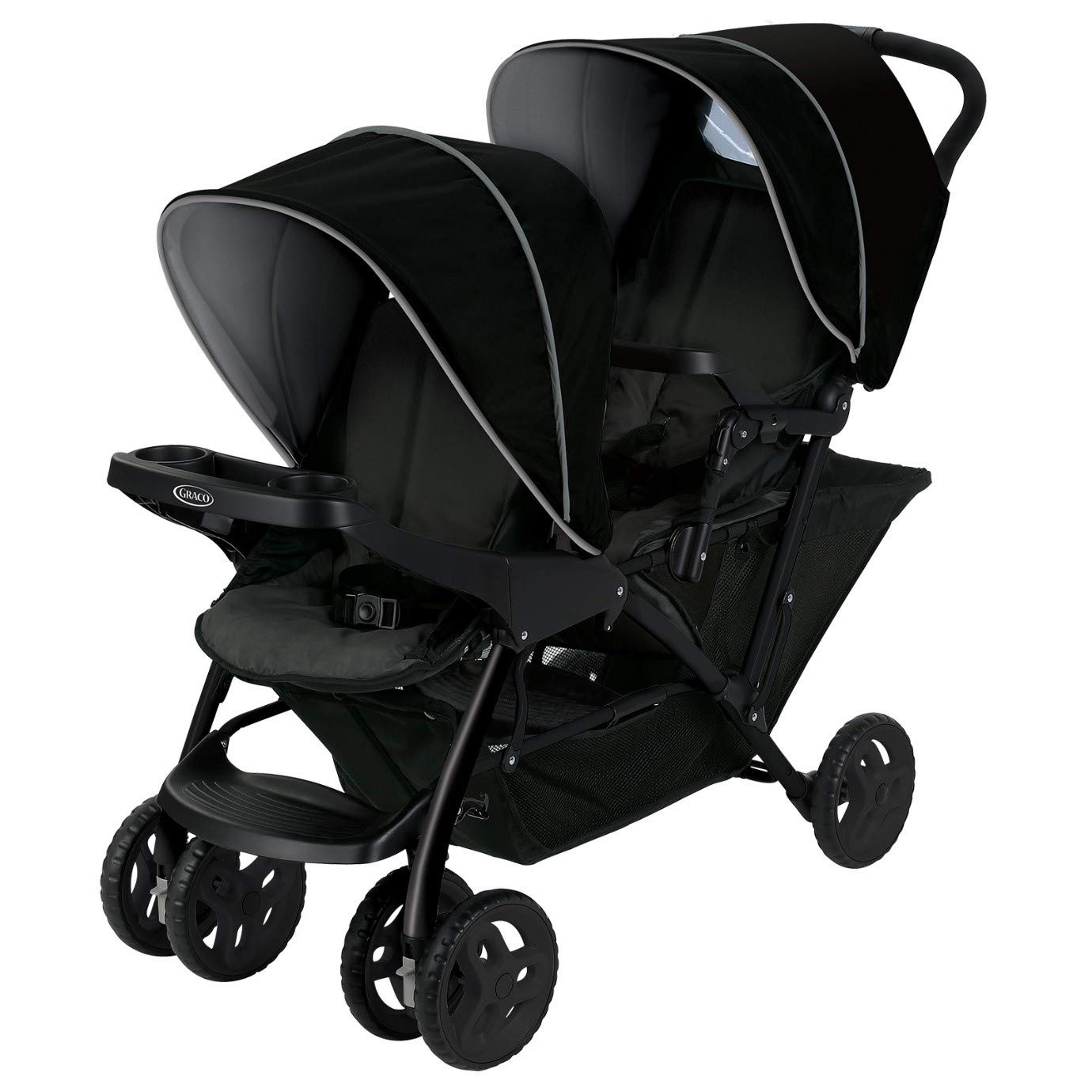 Graco Stadium Duo Twin Pushchair, 0-15 kg, Large Storage Basket, Includes Snack Trays, Adjustable Backrests, Foldable, Freestanding, Can also be Used with Baby Seat, Black/Grey