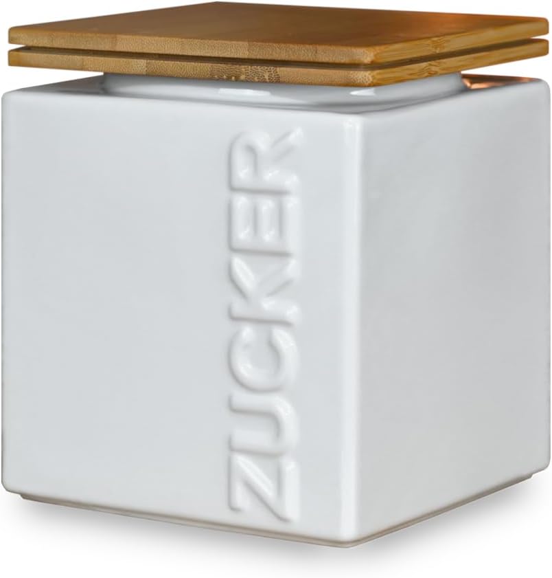 HWG-Home® Design Sugar Bowl Airtight 1 kg, for Long Durability, White and Anthracite, Ceramic Sugar Container, Square, Space-Saving, Stackable, Sugar Storage and Storage Jar with Bamboo Lid