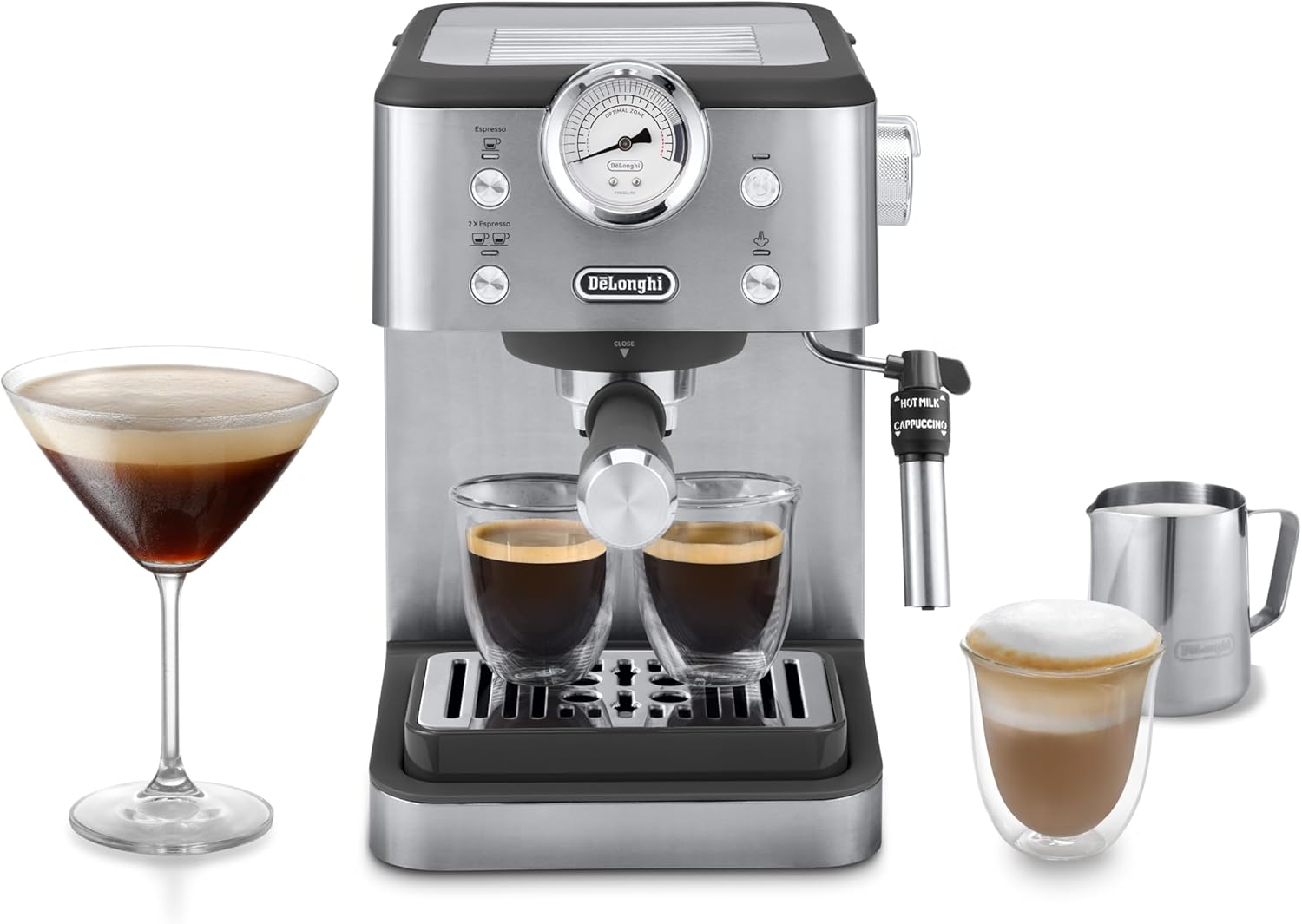 De\'Longhi Classic EM450.M Portafilter Machine, Espresso Machine with Professional Milk Frother, Full Metal Housing, 15 Bar, 1.7 L Water Tank, Stainless Steel/Metal