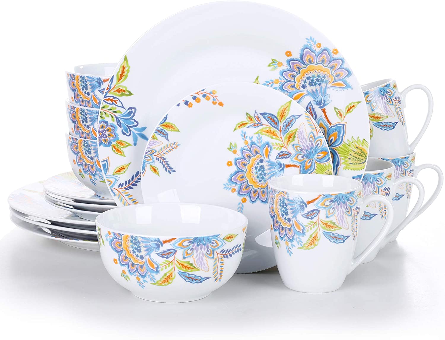 Veweet 32-piece Porcelain Dinner Set, 16-piece Crockery Set includes 10.75 inch (27 cm) Dinner Plate, 7.5 inch (19 cm) Dessert Plate, 5.5 inch (14 cm) Bowl and 380 ml Coffee Mug, Complete Service for 4/8 People
