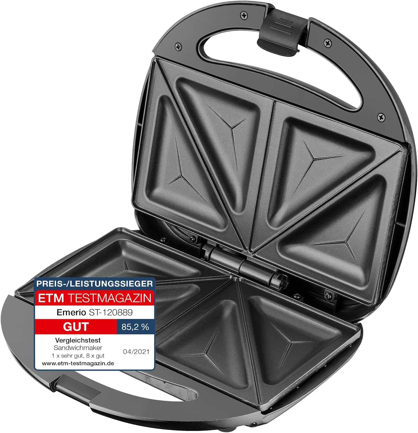 Emerio Double Sandwich Maker, BPA-Free, Classic Shape for Triangular Sandwich, Easy to Clean, Non-Stick Coating, Heats Up Quickly, 750 Watt, Black