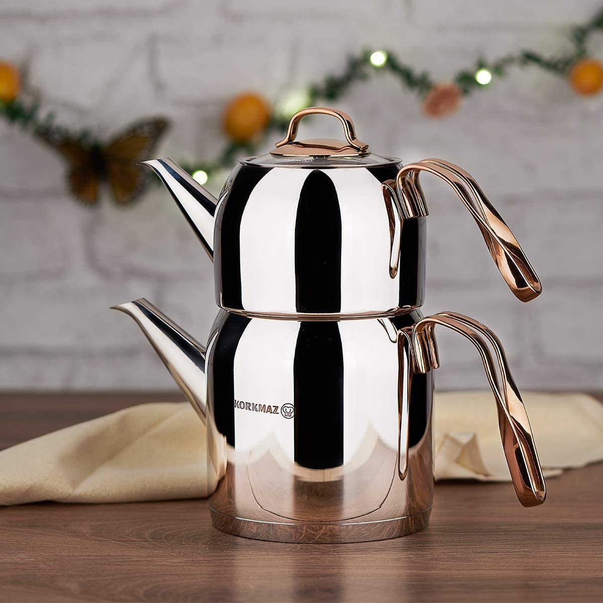 Korkmaz Turkish Tea Pot A192 Rosanna Silver Rose Gold Also Induction Caydanlik (2724631401354)