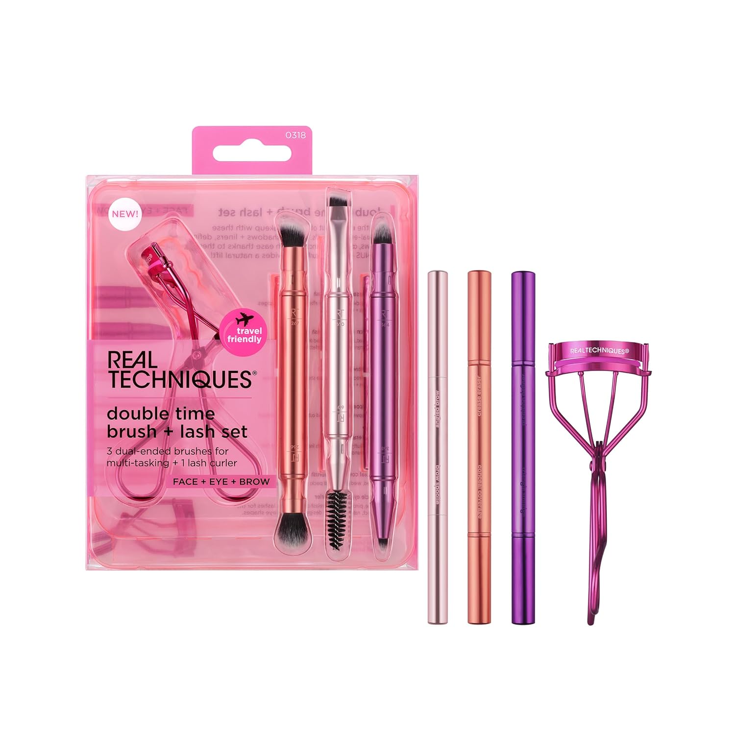 Real Techniques Double Time Brush + Lash 4-Piece Set, Dual-Ended Eye Makeup Brushes for Eyeshadow and Brows, Travel-Friendly Brush Caps for Storage, Eyelash Curler Included, Cruelty-Free