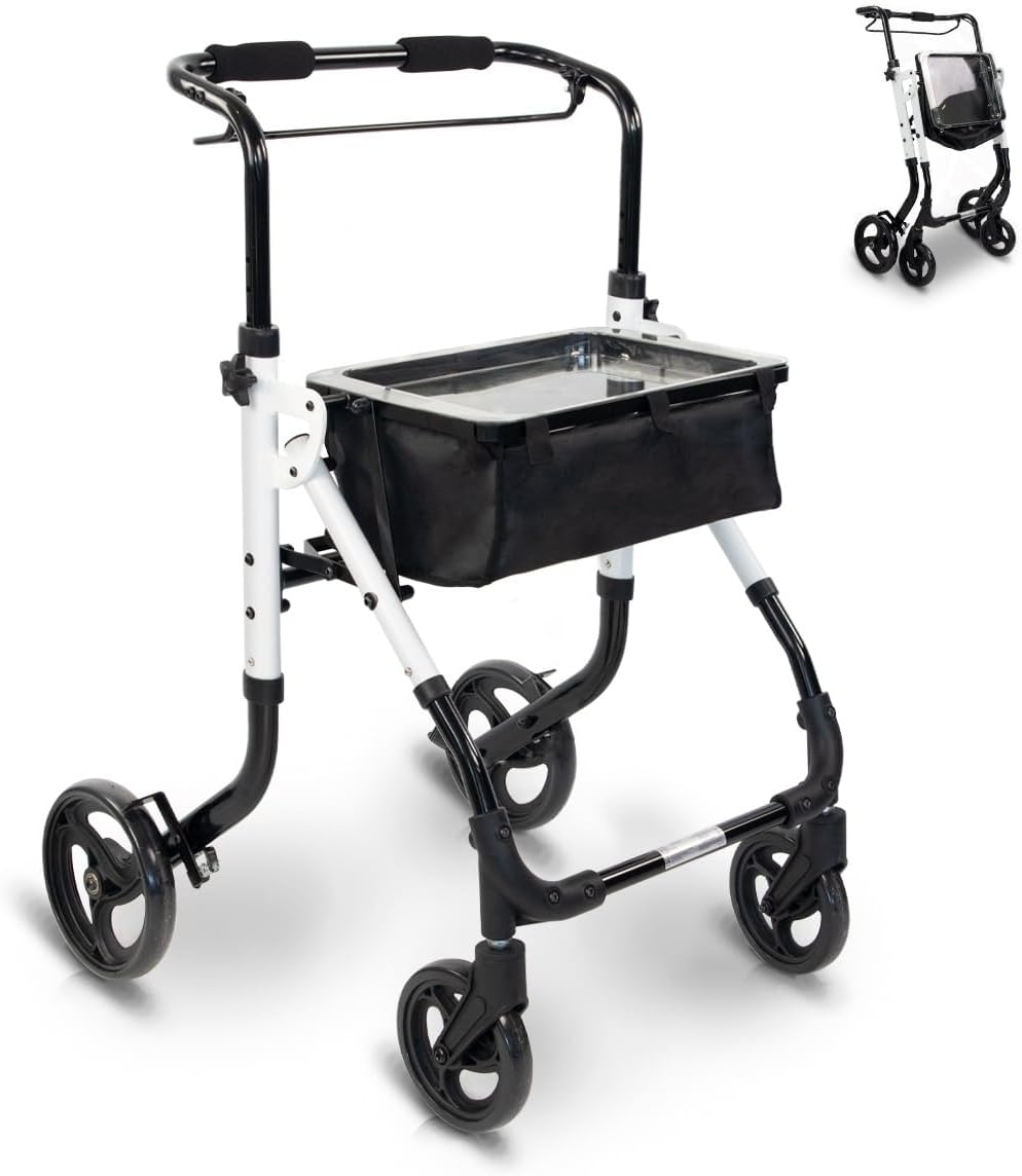 Mobiclinic®, Olimpo Foldable and Lightweight Rollator Aluminium Modern Walking Frame for Seniors with Basket, Single Lever, Adjustable, Includes Tray, Castors, Handbrake, Slim Flat