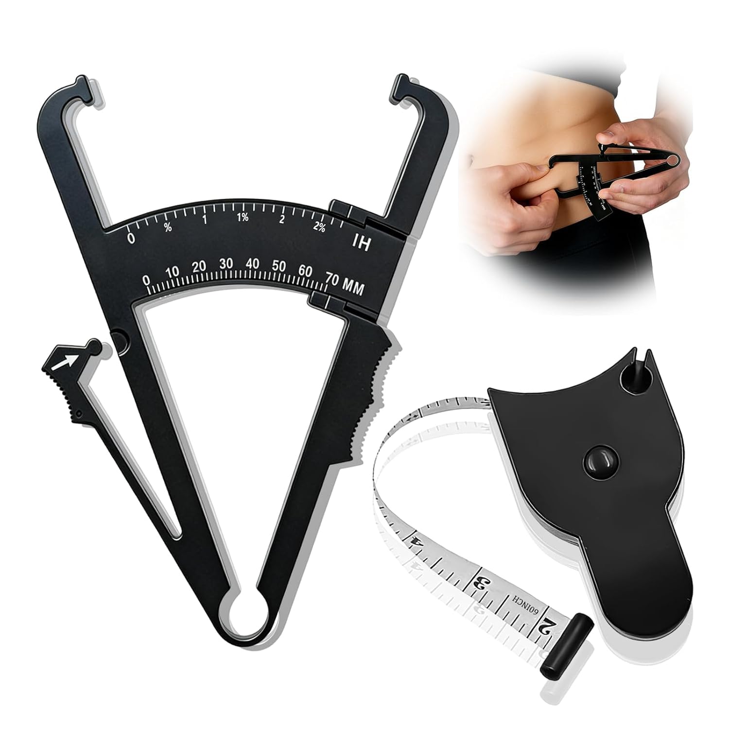 Nify Body Tape Measure and Body Fat Tongs Set Black - Professional Body Fat Meter with Skin Fold Caliper, Body Tape Measure for Precise Fitness Fat Measurement at Home and in the Studio