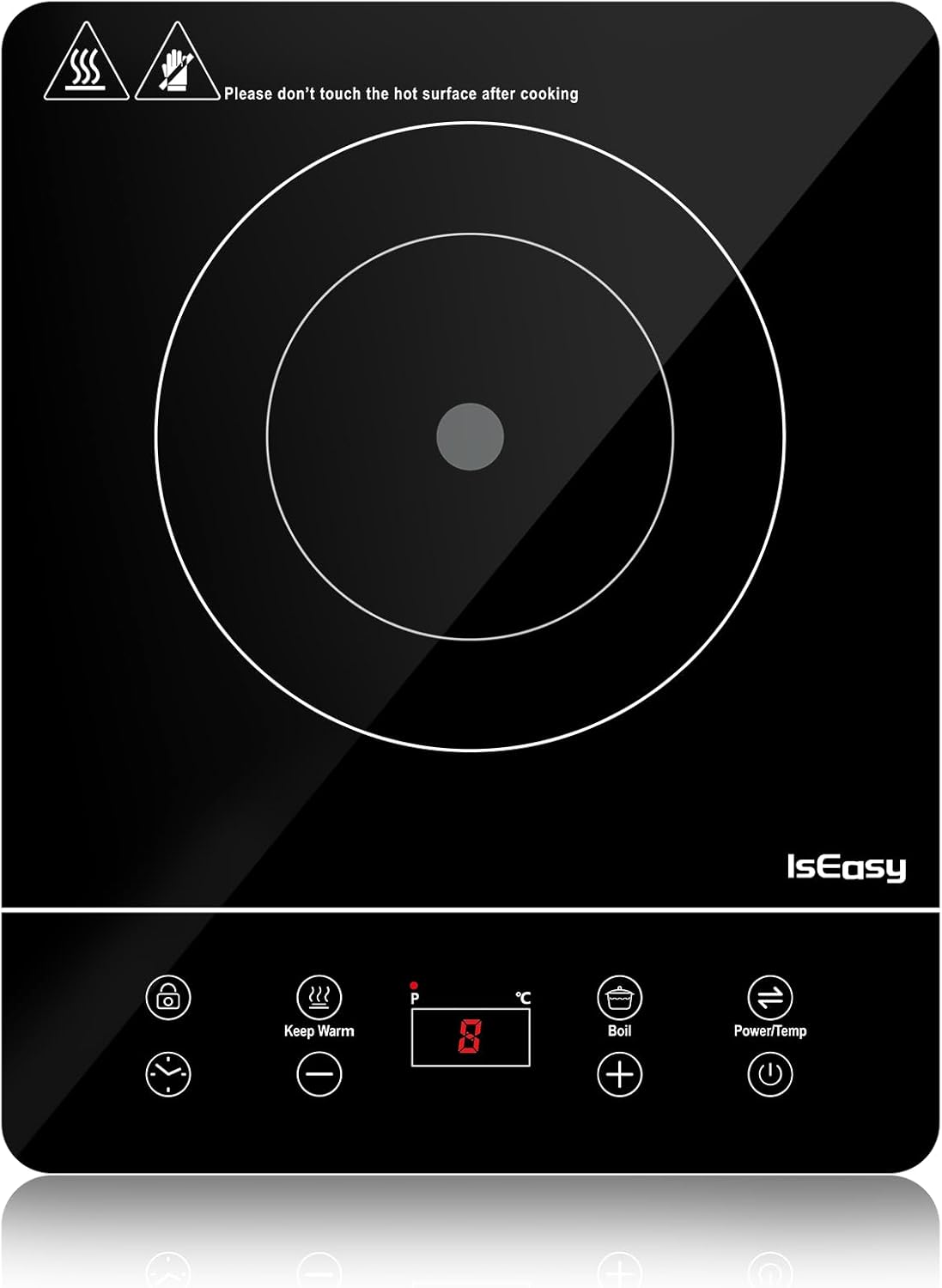 IsEasy Induction Hob 1 Plate, Single Induction Hob 2100 W, 9 Power Levels, 9 Temperature Settings, 28 cm Induction Hob with 8-Hour Timer, Child Lock, Black, 220-240 V