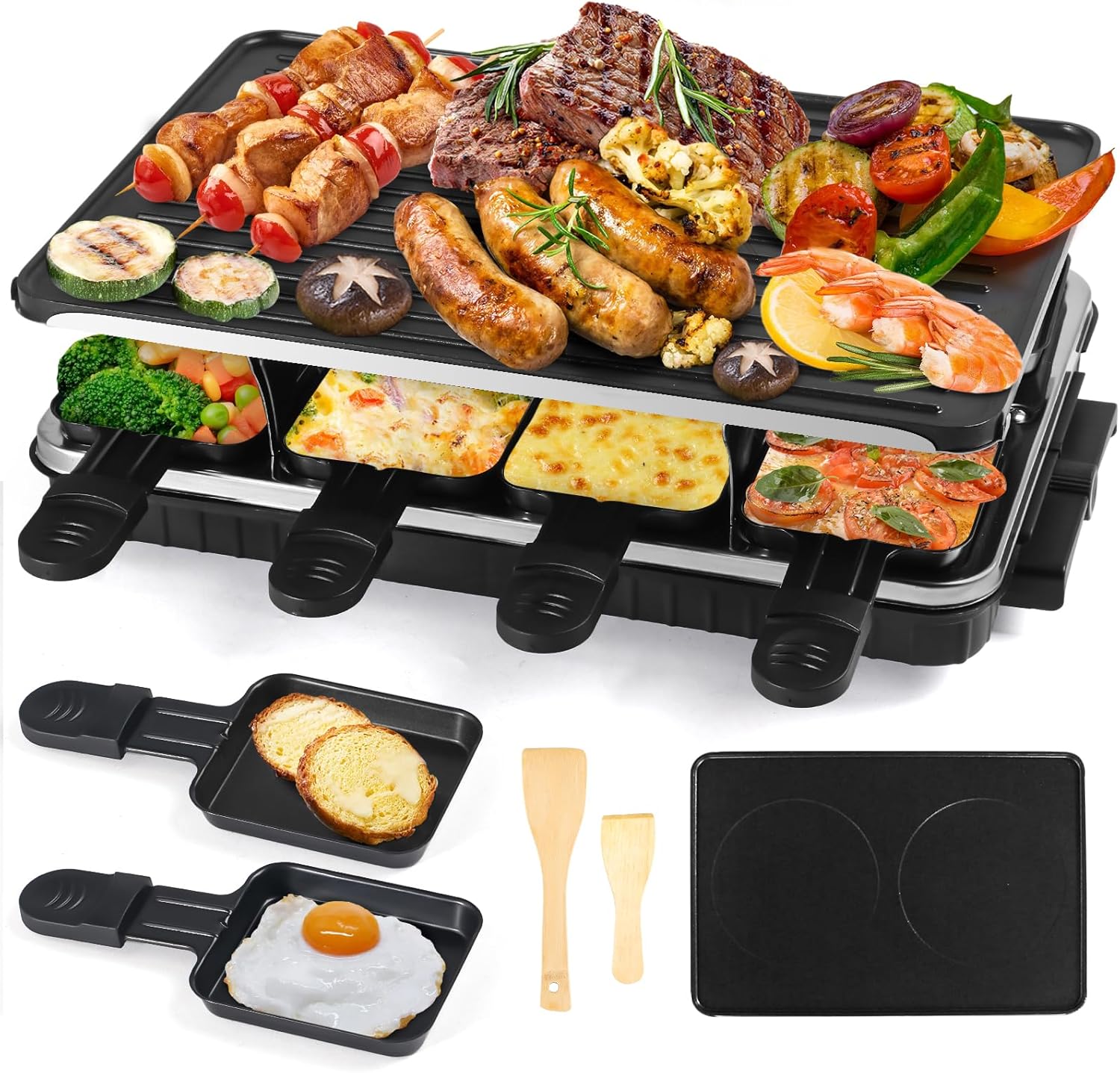 Raclette 8 Person Non-Stick Coating Raclette Grill Electric with 8 Mini Raclette Pans, 2 Wooden Spatulas, Electric Grill, Raclette Grill for Indoor and Outdoor Use