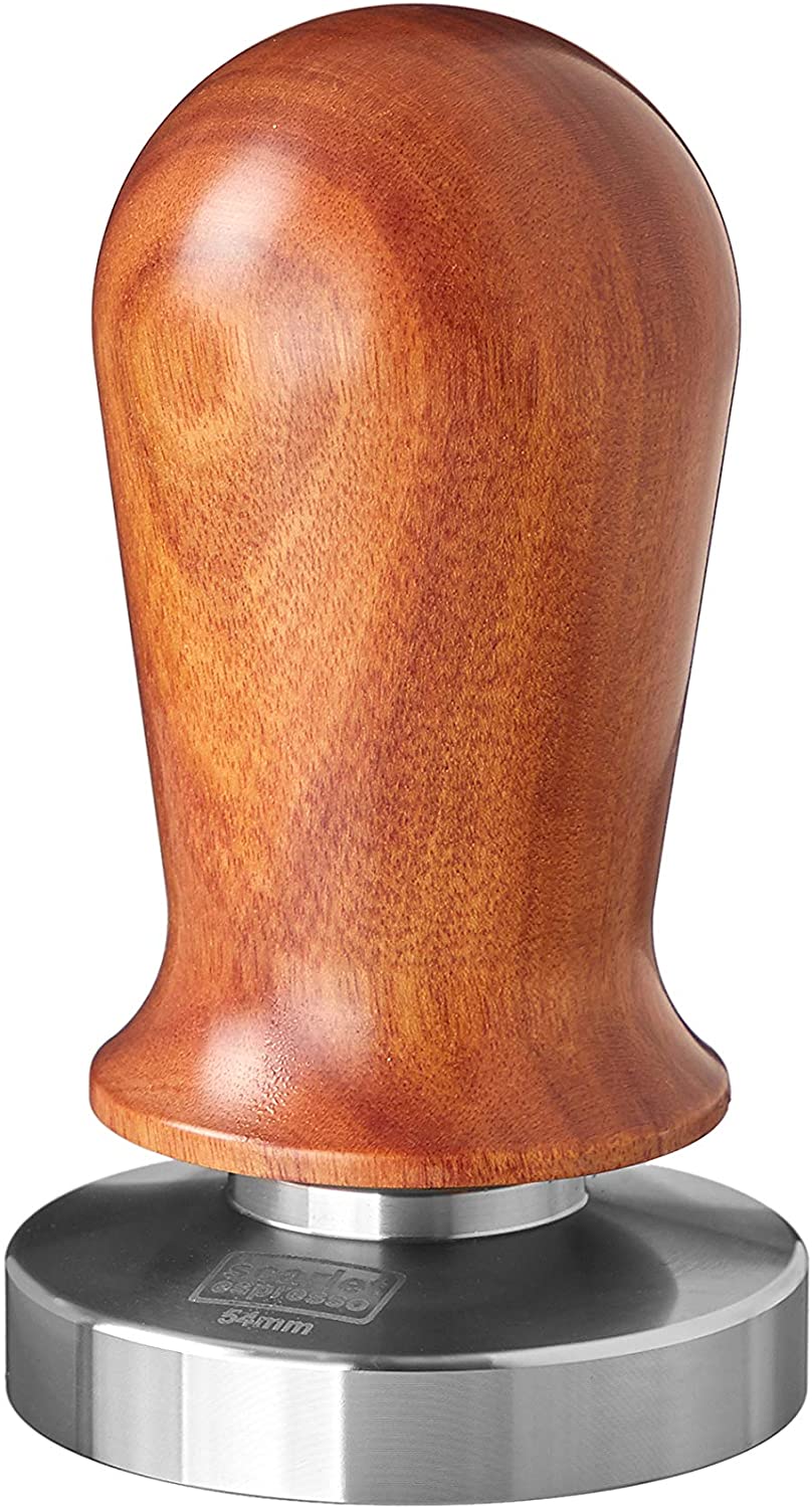 scarlet bijoux Scarlet espresso | Tamper \"Perfetto\" for barista; calibrated to 35 lbs contact pressure; with aluminium or precious wood handle and precision stainless steel base (sandalwood - dark brown, 54 mm)