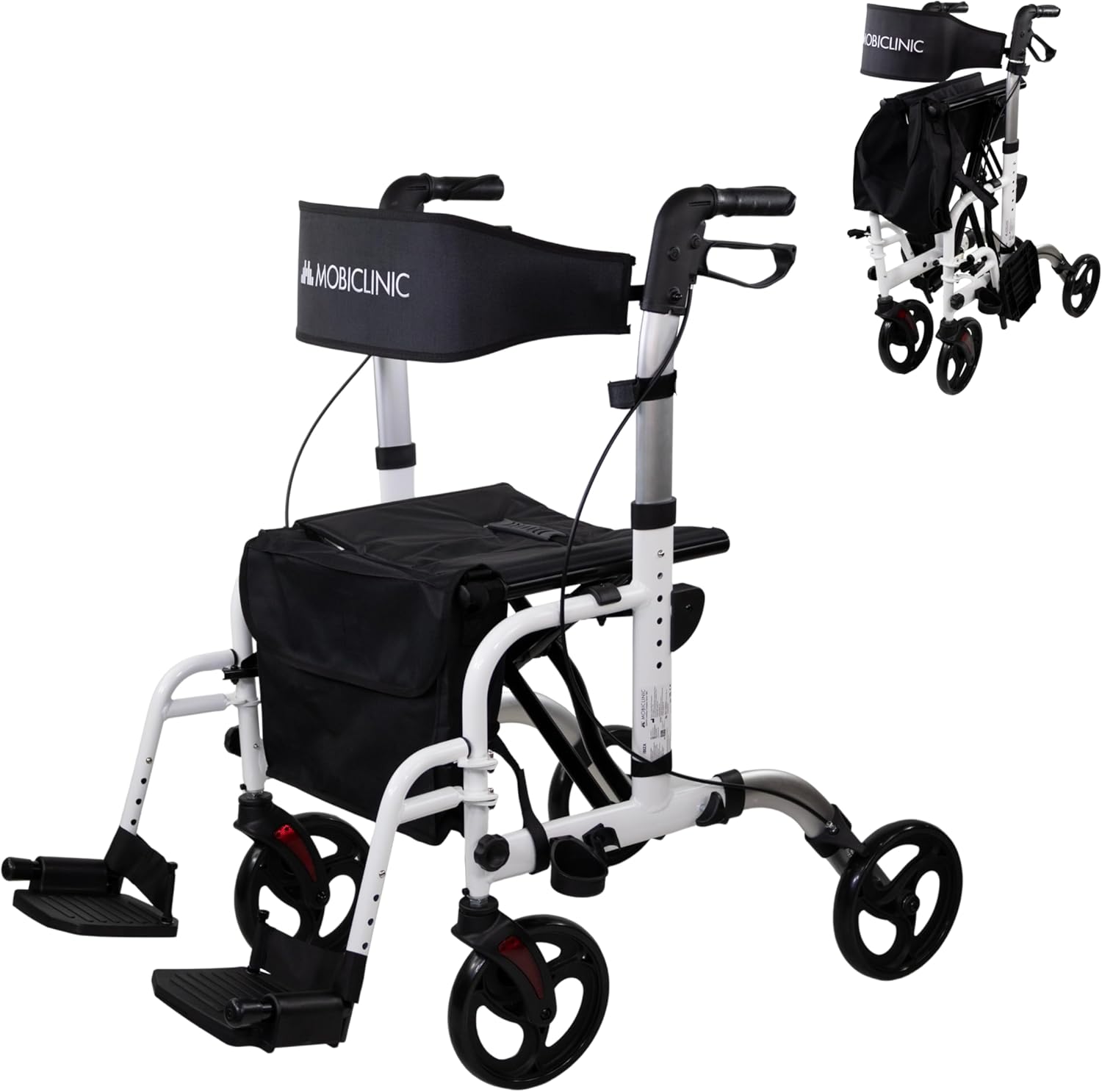 Mobiclinic, Folding Walker with Footrest, Foldable, Height Adjustable, Max. 136 kg, with Brakes, Reversible Backrest, 360° Wheels, Bag, Stick Holder, Ibiza