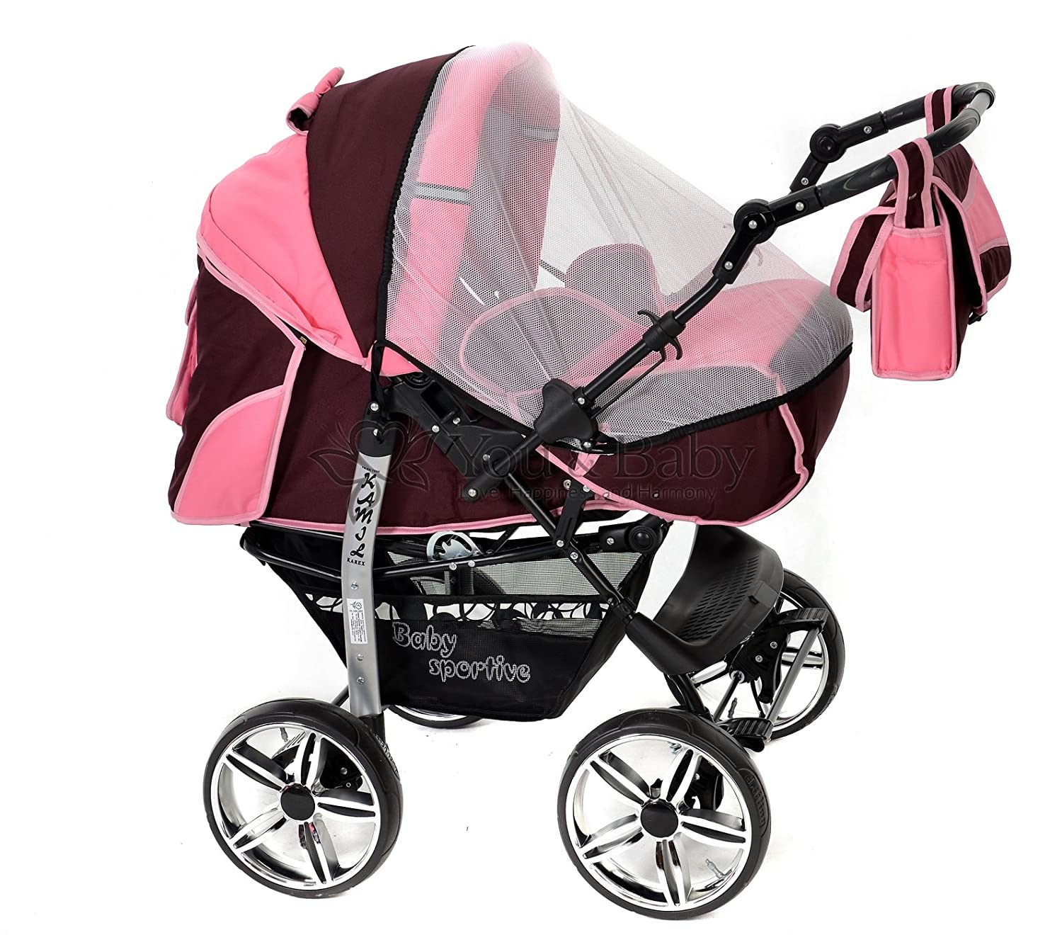 Baby Sportive Sporty Kamil, Combination Baby Pushchair including Pushchair Set, Car Seat and Stroller Attachment System with Wheels Can Be Swivelled. Travel System Color: Dark Red and Pink
