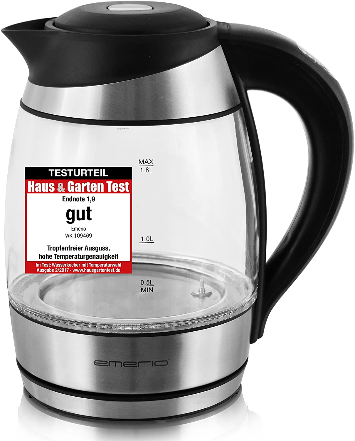 Emerio WK-109469 Glass Kettle 1.8 L Wireless 2200 Watt Temperature Selection 60 / 70 / 80 / 90 / 100 °C LED Lighting Warming Function
