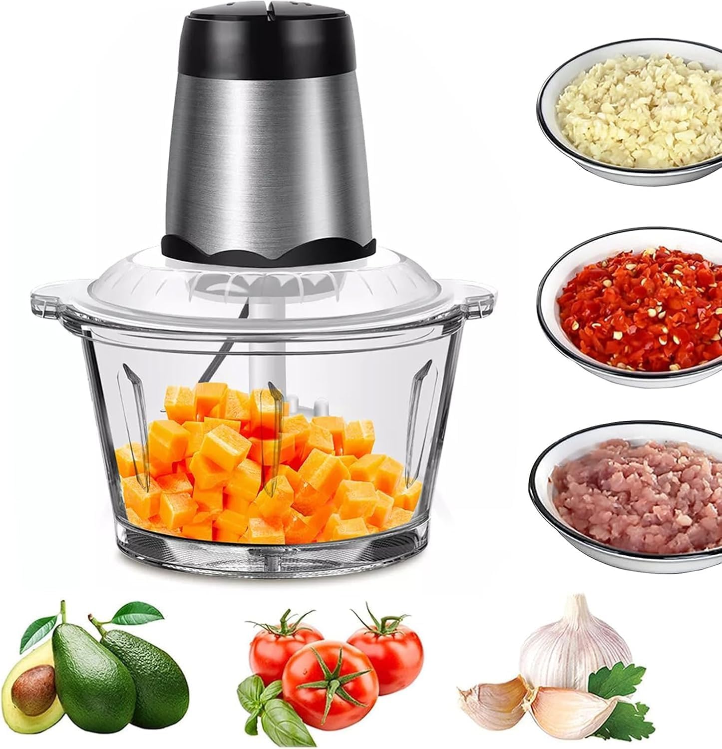 HSHa Electric Kitchen Chopper, 300 W Multi-Chopper, Meat Grinder with 2 Bowls (2L) and Bi-Level Stainless Steel Blades, Universal Chopper for Meat, Vegetables, Onions, Fruit