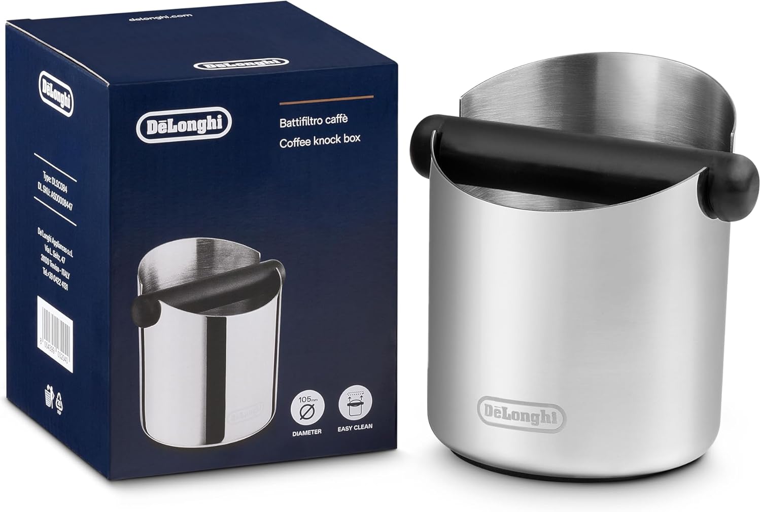 De\'Longhi Knock Box for Portafilter DLSC084, Knock Box, High-Quality Stainless Steel, Non-Slip Rubber Base, Removable Strike Bar, Robust & Stable, Easy to Clean