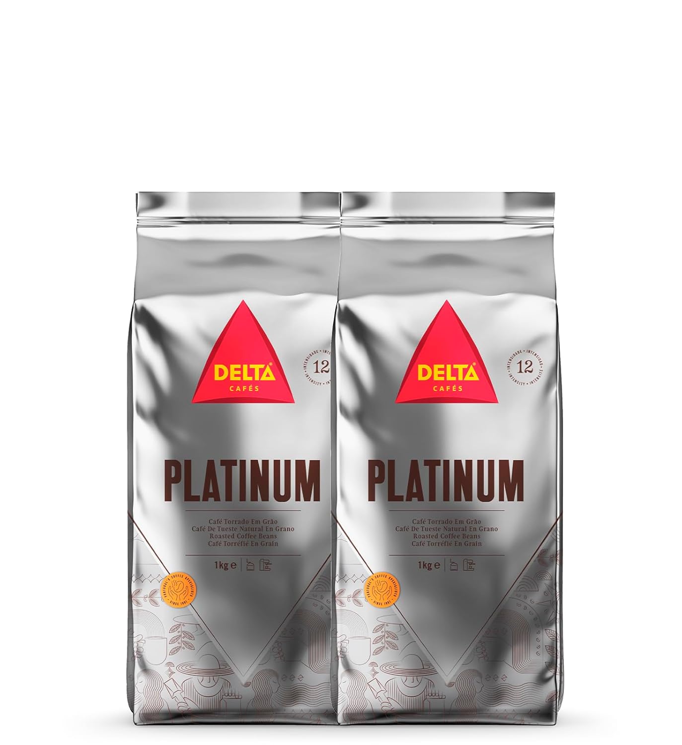 Delta Cafés - Platinum Coffee Beans - 2 Packs of 1 kg - Intensity 12 - Full-bodied Arabica Roasted Coffee Bean Mix - Very Aromatic with Notes of Ripe Fruits
