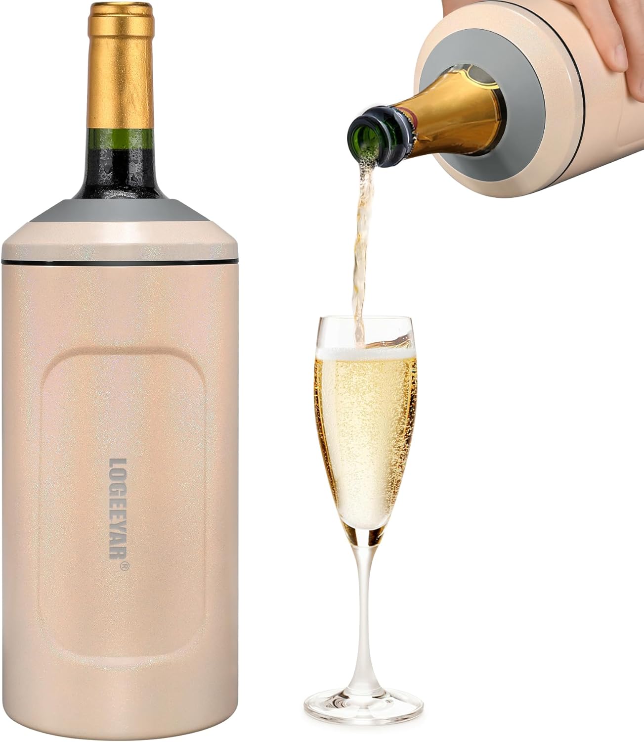 Itslife Wine Cooler with Lid, 750 ml Bottle Cooler for Wine Champagne, Double-Walled Stainless Steel Champagne Cooler, Portable Drink Cooler Outdoor, Gifts for Wine Lovers, Beige